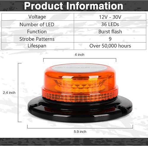 Miniatura 2 de 2 luces de baliza para camiones, luz estroboscópica LED, 12 V-24 V, ámbar, 36 luces LED intermitentes de seguridad con magnético y cable recto de 16