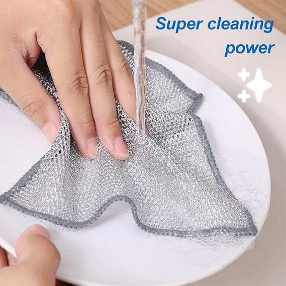 versatile mesh dishwashing cloths for both dry and wet use-10Pcs | Two-ply metallic thread structure; versatile household cleaning wipes; effortless dry wet grease removal option
