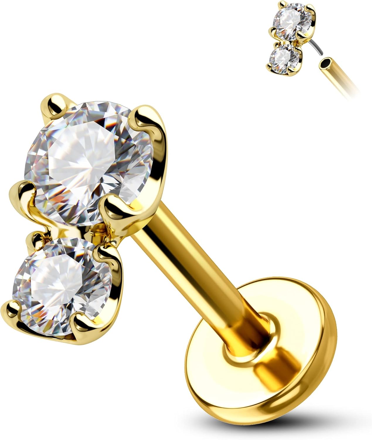 Cocharm 14K Gold Cartilage Earring 16g Real Gold Flat Back Helix Piercing Jewelry Push Pin Tragus Conch Stud for Women Men