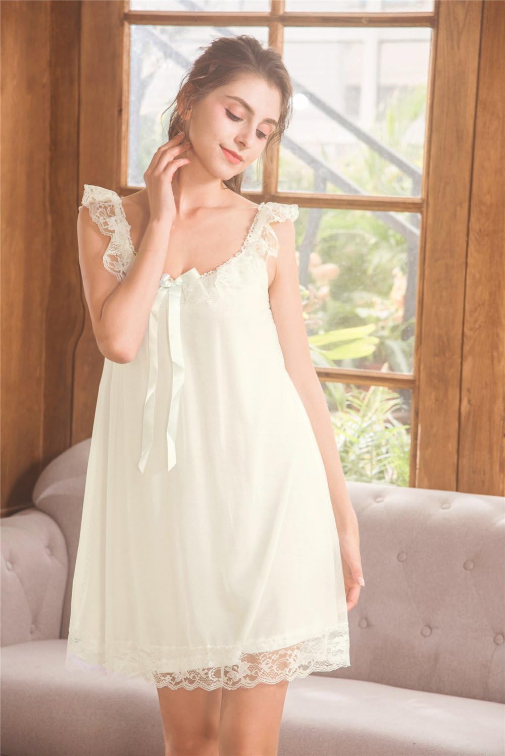 Women's Lace Vintage Victorian Nightgown Ladies Sleeveless Sleep Dress - Image 3