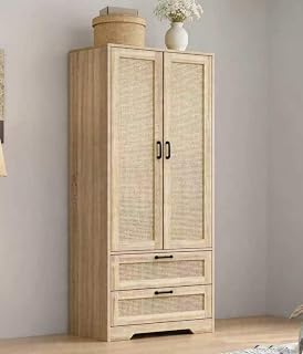 Wardrobe Closet, Wooden Closet Organizers with 2 Doors and 2 Drawers for Bedroom, Almirah for Clothes, Farmhouse Wardrobe Cabinet with Hanging Rail and Soft Hinge (Natural)