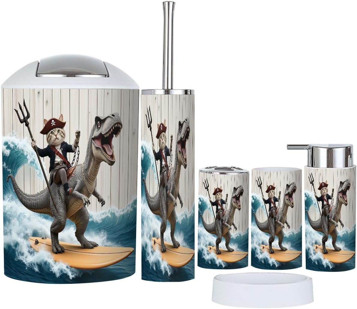 Bathroom Accessories Set 6 Pcs Funny Decor Black White Farmhouse Cute Restroom Decoration Raccoon Toothbrush Holder Cup Soap Dispenser Soap Dish Toilet Brush Holder Trash Can for Countertop Decor