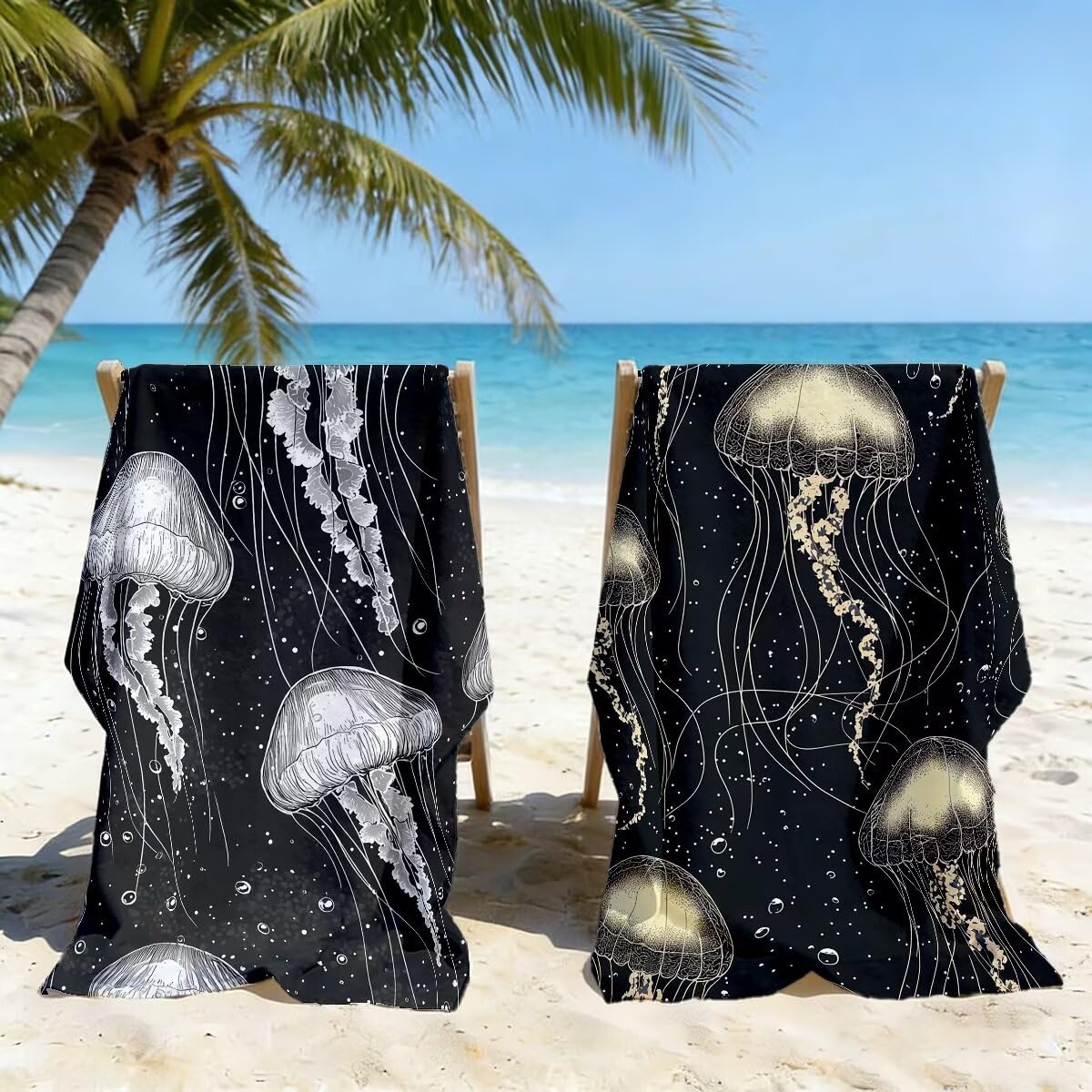 Ręcznik plażowy 100 x 200 cm, ręcznik gimnastyczny z mikrofibry szybkoschnący zestaw 2 ręczników plażowych, lekki kompaktowy ręcznik z mikrofibry duży do podróży, prezent dla mężczyzn i kobiet (meduza