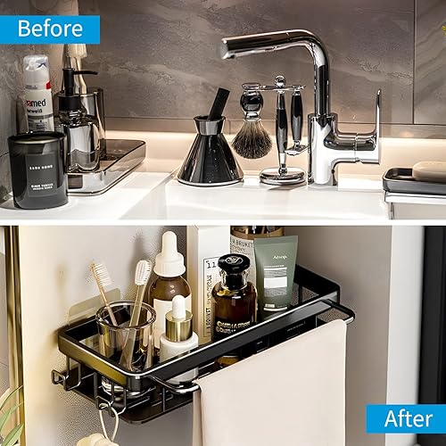 Miniatura 5 de LYGJMYOK Organizador de ducha de baño negro, estante de ducha adhesivo para interior con toallero, soporte para champú de ducha, soporte de pared,