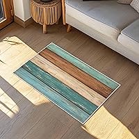 Vista 3 de Tapete para puerta de interior, absorbente de goma antideslizante, lavable, color verde azulado, turquesa, madera rústica, de bajo perfil, tapete