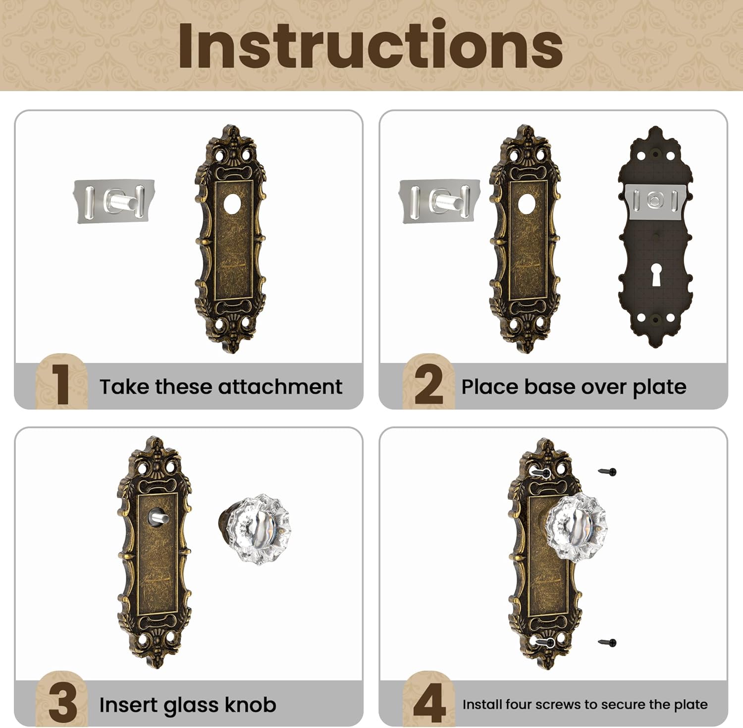 Antique Dummy Door Knobs Interior Bronze 2 Pack Doorknob Crystal Glass Closet Door Handle Vintage Door Pulls for Pantry Door Hallway