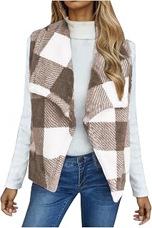 2025 - Chaleco para mujer con estampado a cuadros con solapa, sin mangas, informal, cálido, invierno, abrigo, chaqueta de peluche para mujer