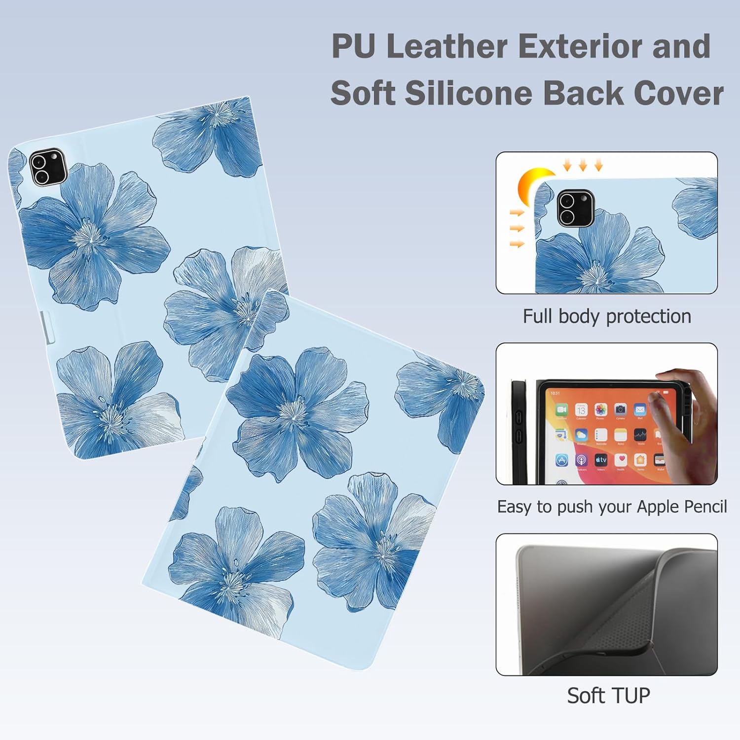 Cute Flower Floral for iPad (A16) Case 11th/10th Generation 11''/10.9'' 2025/2022 with Pencil Holder, Auto Sleep/Wake and Multiple Viewing Angles, Blue Leather Soft TPU Back Cover