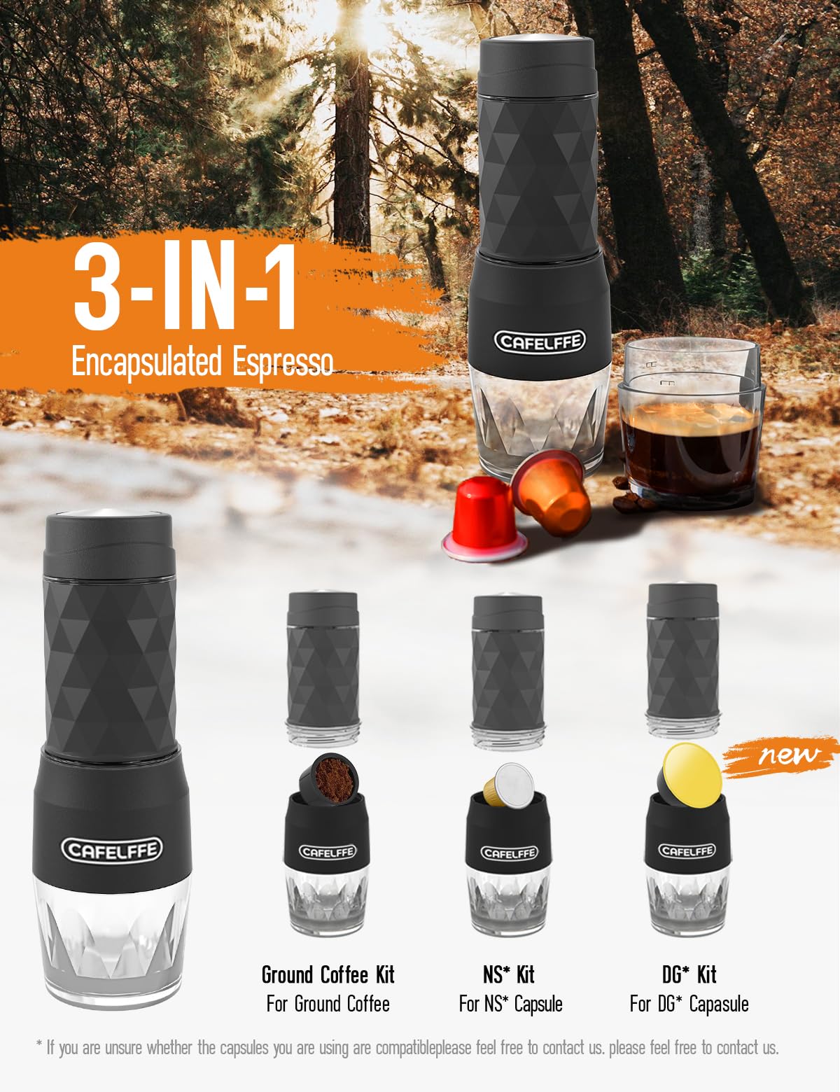 Cafetera portátil, versión actualizada de la máquina de café de cápsulas DG, máquina espresso de 18 bares, mini máquina de café de viaje operada manualmente. Perfecta para camping, negocios