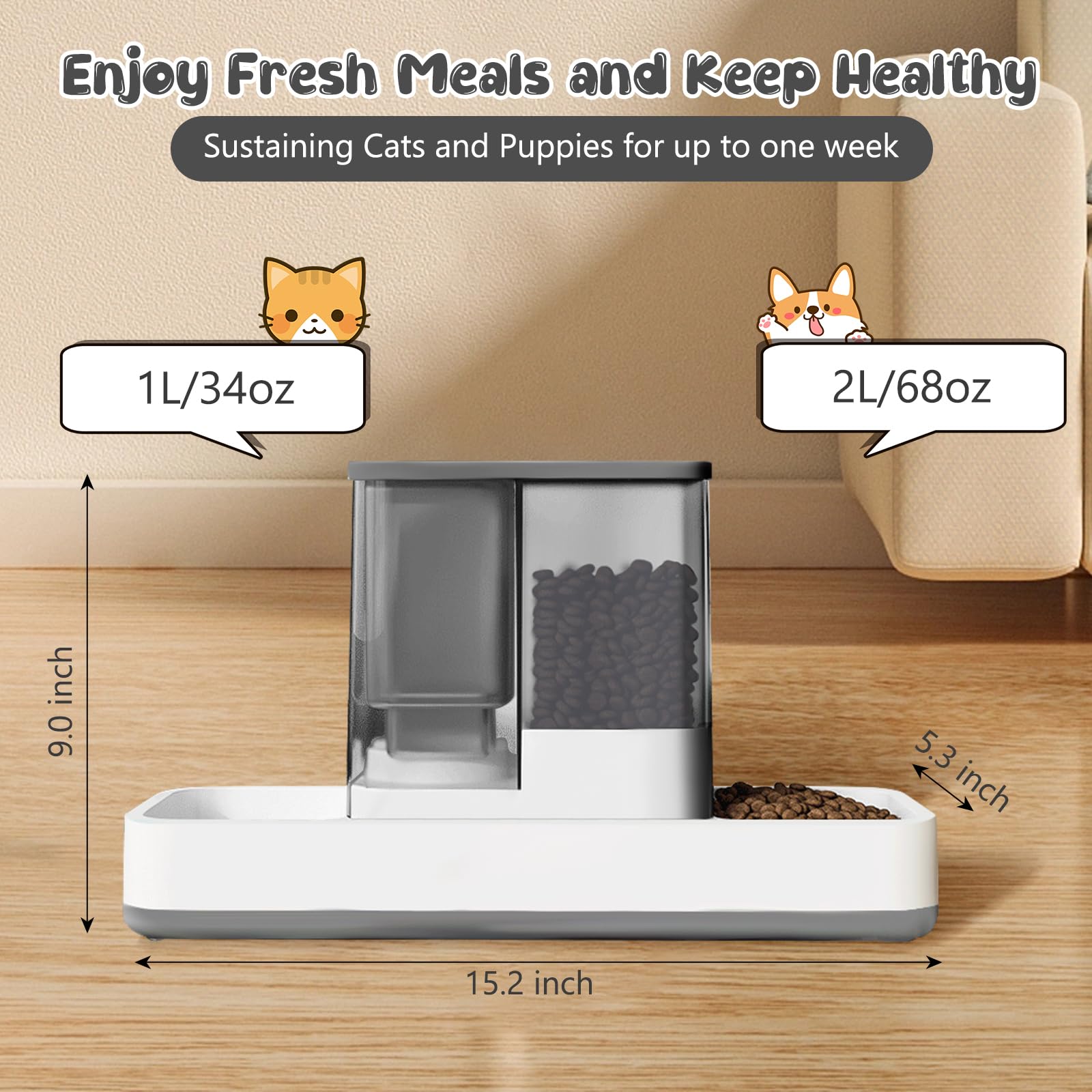 GearRoot Automatischer Katzenfutterspender und Wasserspender, 2-in-1 Schwerkraft-Haustierfutterspender und Wasserspender, abnehmbarer Katzenfutterspender für kleine Hunde und Katzen, Grau