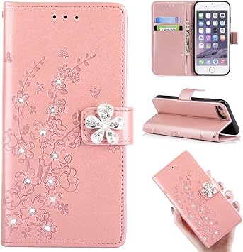 Amazon Iphone7ケース 手帳型 おしゃれ ピンク 梅の花 Iphone8 手帳型ケース かわいい 梅の花装飾とキラキラ ラインストーン装飾 花柄 ローズゴールド 保護ケース 滑らかな表面 手触り良い 耐衝撃 財布型 ピンクゴールド カード収納 ストラップ付き マグネット スタンド