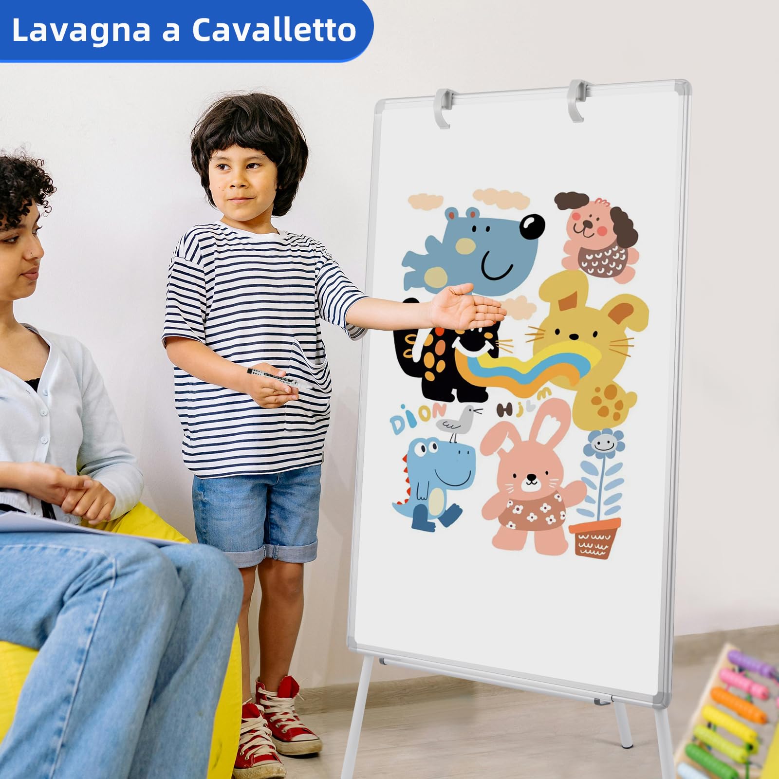 DOLLAR BOSS Supporto per lavagna a fogli mobili 90x60cm, lavagna bianca con supporto, lavagna bianca magnetica, regolabile in altezza, telaio in alluminio
