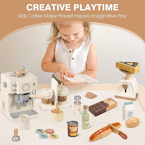 Miniatura 7 de Juego de café de madera para niños con molinillo, cafetera de juguete para niños pequeños, electrodomésticos de cocina y accesorios de juguete,