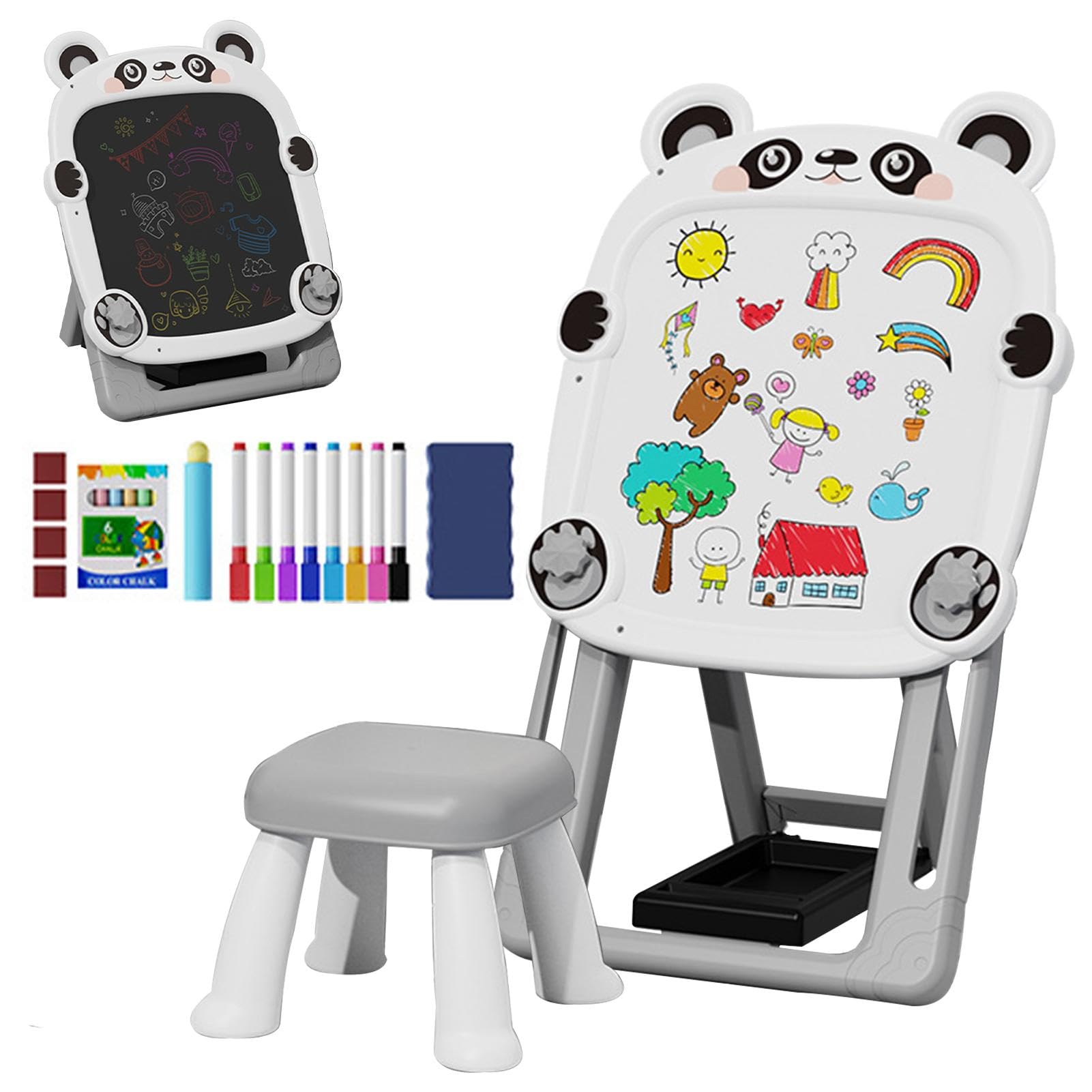 Lavagna nera magnetica, cavalletto artistico per bambini - Lavagna magnetica bifacciale regolabile in piedi | Lavagna da disegno per bambini, lavagna magnetica con staffa pieghevole con sedia per bamb