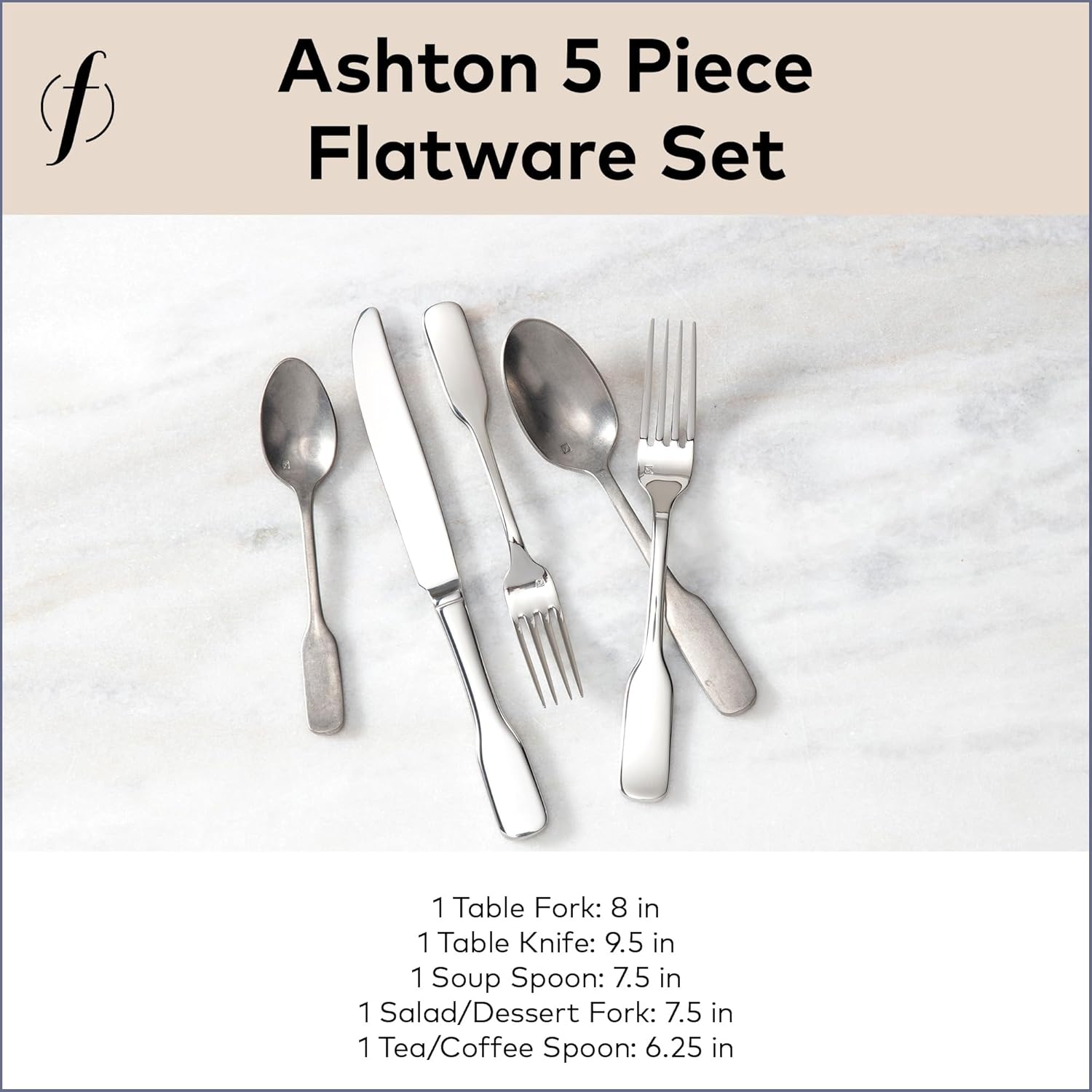 FORTESSA Ashton 18/10 Stainless Steel Flatware, 5 Piece Place Setting With Knife, Forks and Spoons (Service For 1), Dishwasher Safe, Antiqued