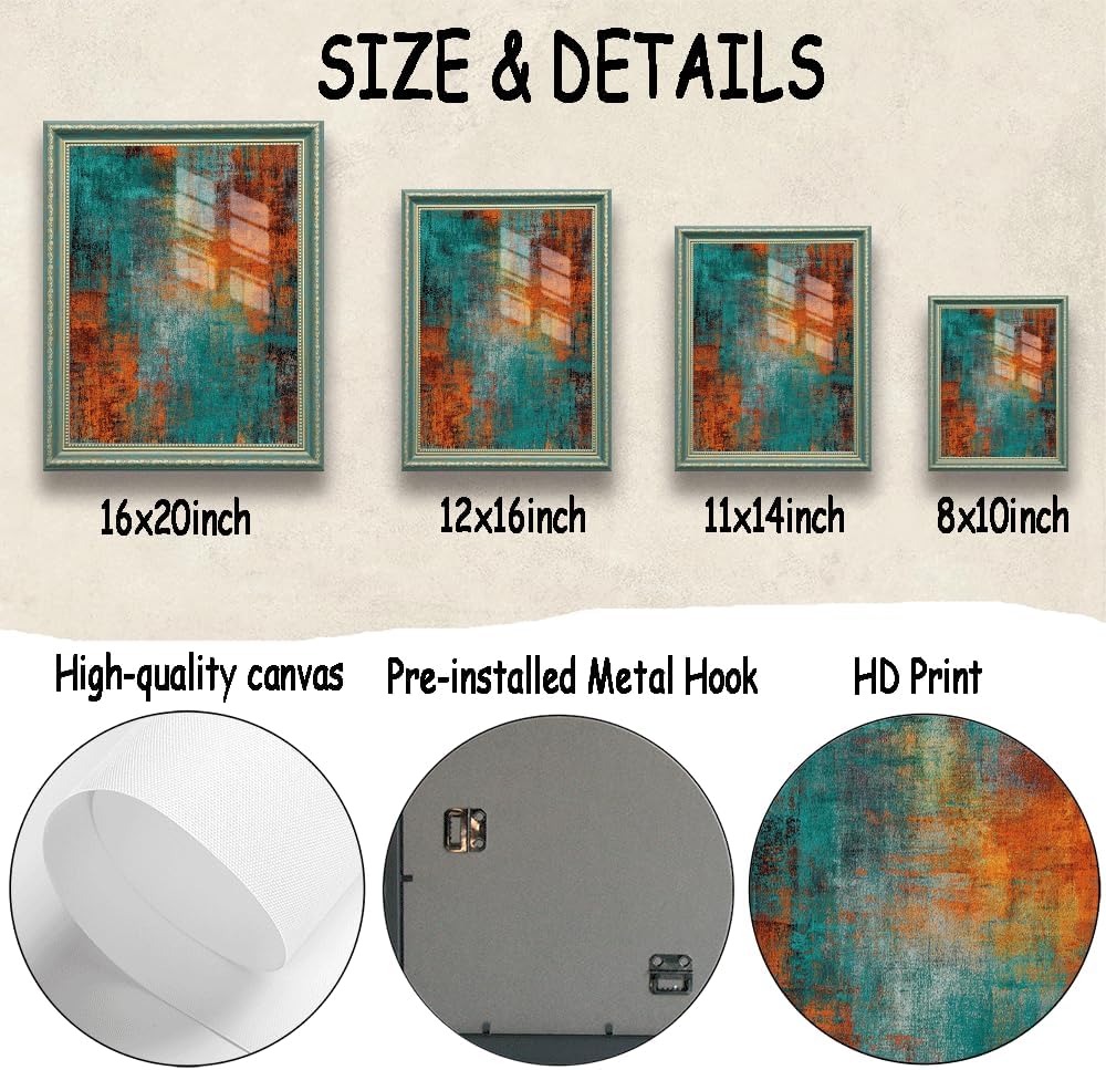Green Frame Abstract Canvas Wall Art Print, Teal Blue and Rust Orange Textured Painting Poster, Modern Color Block Artwork for Living Room Bedroom Office Decor 11x14 inch