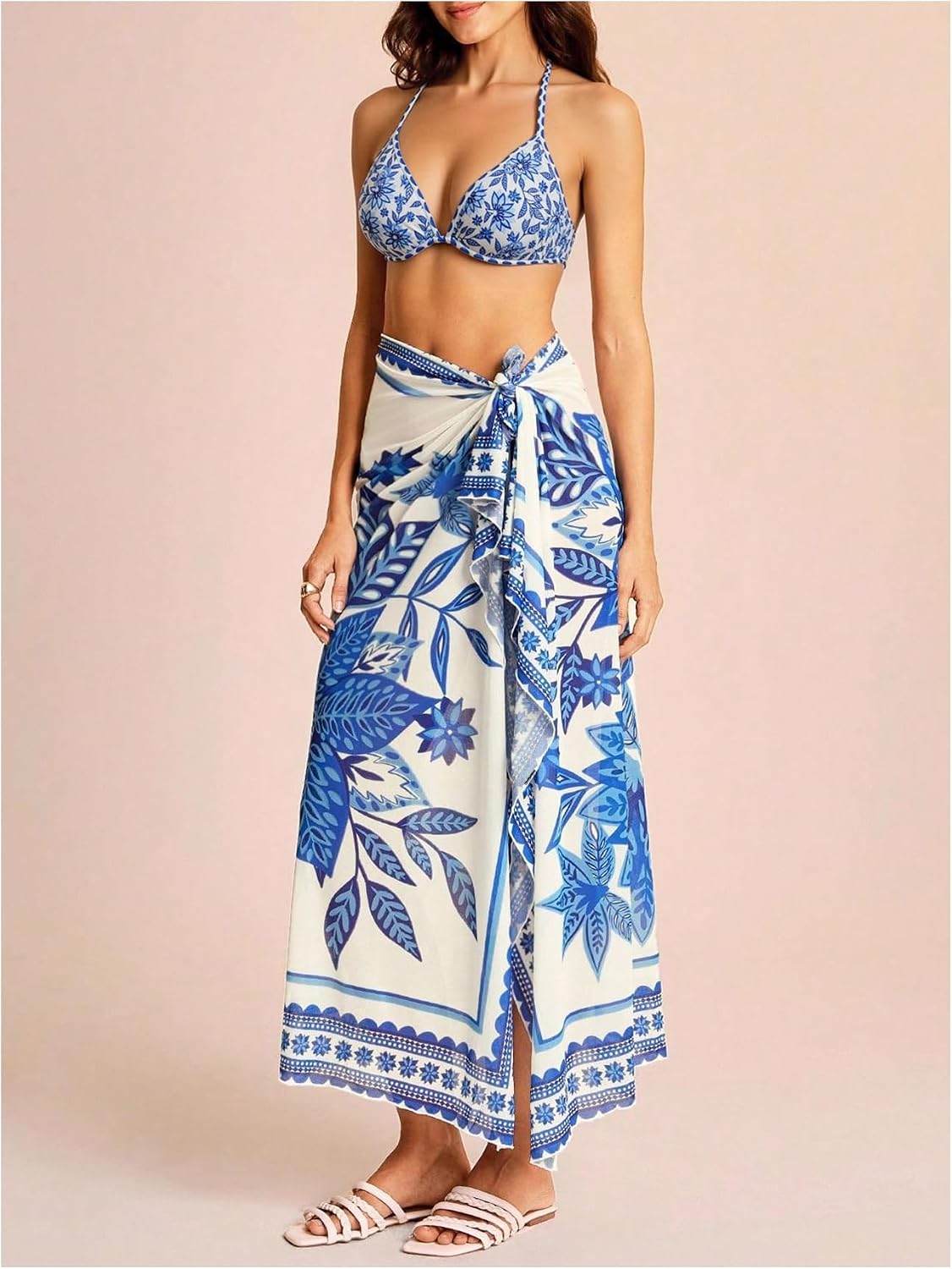 OYOANGLE Women's Beach Sarong Swimsuit Cover Ups Plant Print Knot Side Wrap Long Skirt Swimwear