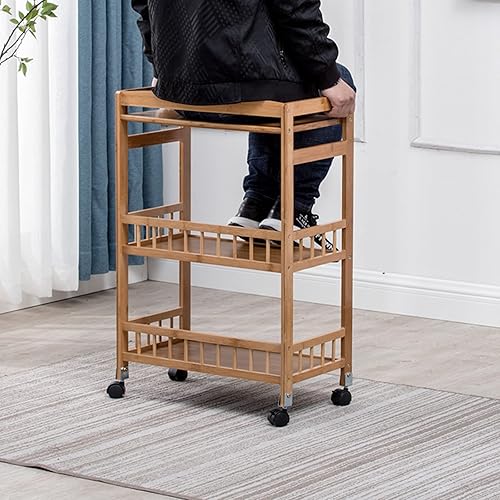 Miniatura 5 de Carrito de almacenamiento de bambú de 3 niveles, carrito utilitario de cocina con ruedas con estante de almacenamiento, carrito rodante con estantes