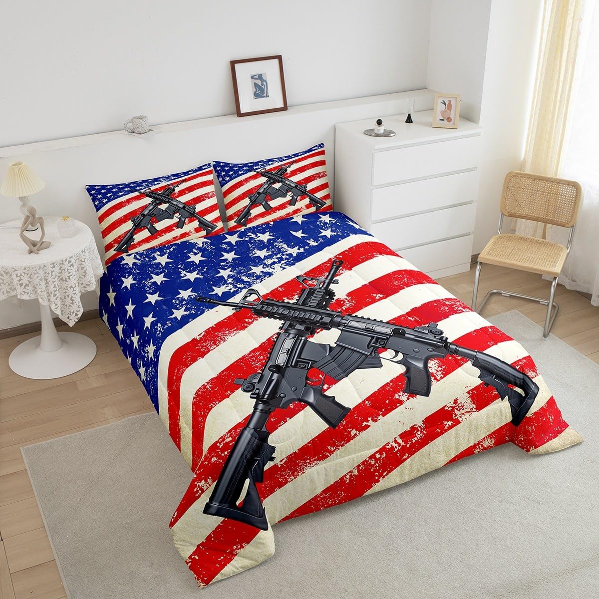 Erosebridal American Flag Machine Guns Comforter Set Full,Red Blue United States Flag Bedding Set Military Theme Weapon Quilted Duvet Army Rifle Duvet Filler Vintage Stars and Stripes Bedroom Decor