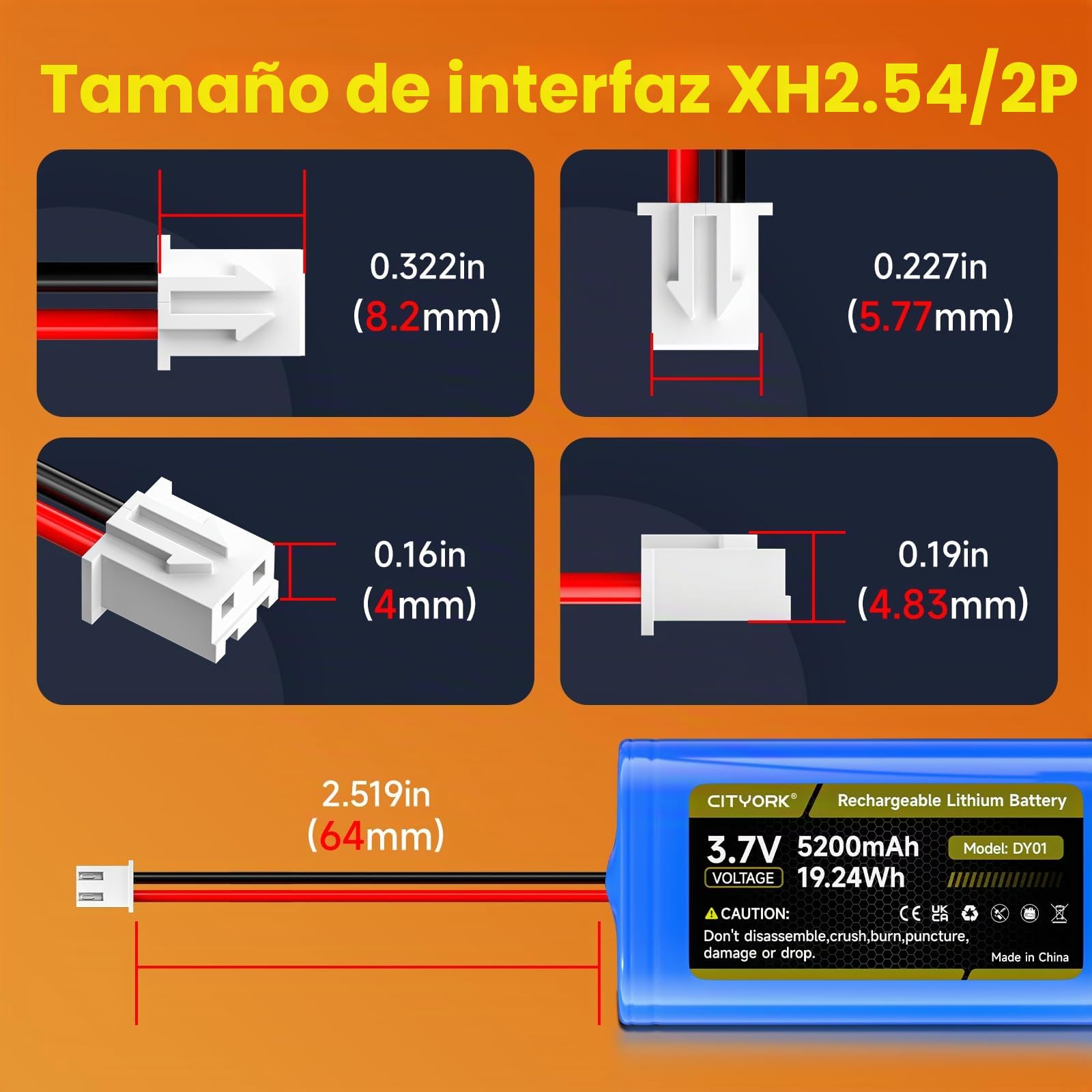 CITYORK (2-Pack) 3,7 V/5200 mAh XH2,54/2P Recargable Batería, para 3.7V Solar inalámbricas cámaras de vigilancia, Juguetes RC, Bluetooth, Amplificadores, Radio, iluminación, circuitos inalámbricos