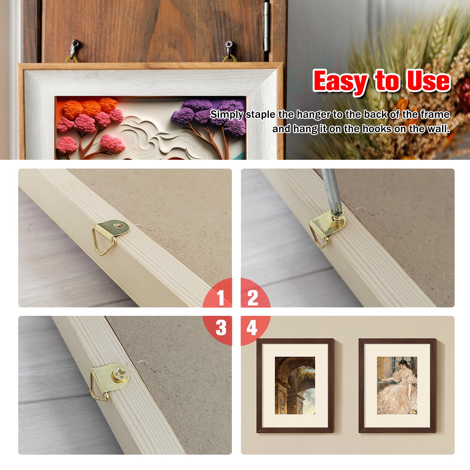 YIXISI 100 Pezzi Ganci Cornici Quadri, Triangolo Anello Gancio, D Anelli Cornice per Foto, Ganci Appendi Quadri, con 100 Pezzi Viti, per Foto Pitture, Decorazione Della Casa, Dorato