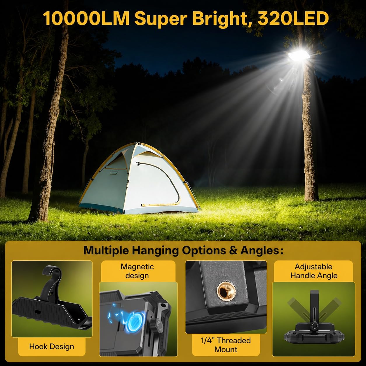 Luz de trabajo LED recargable de 12000 mAh, luces de camping al aire libre, luz de inundación de 10000 lm como banco de energía, luces de emergencia de flash rojo IP65 impermeable, soporte