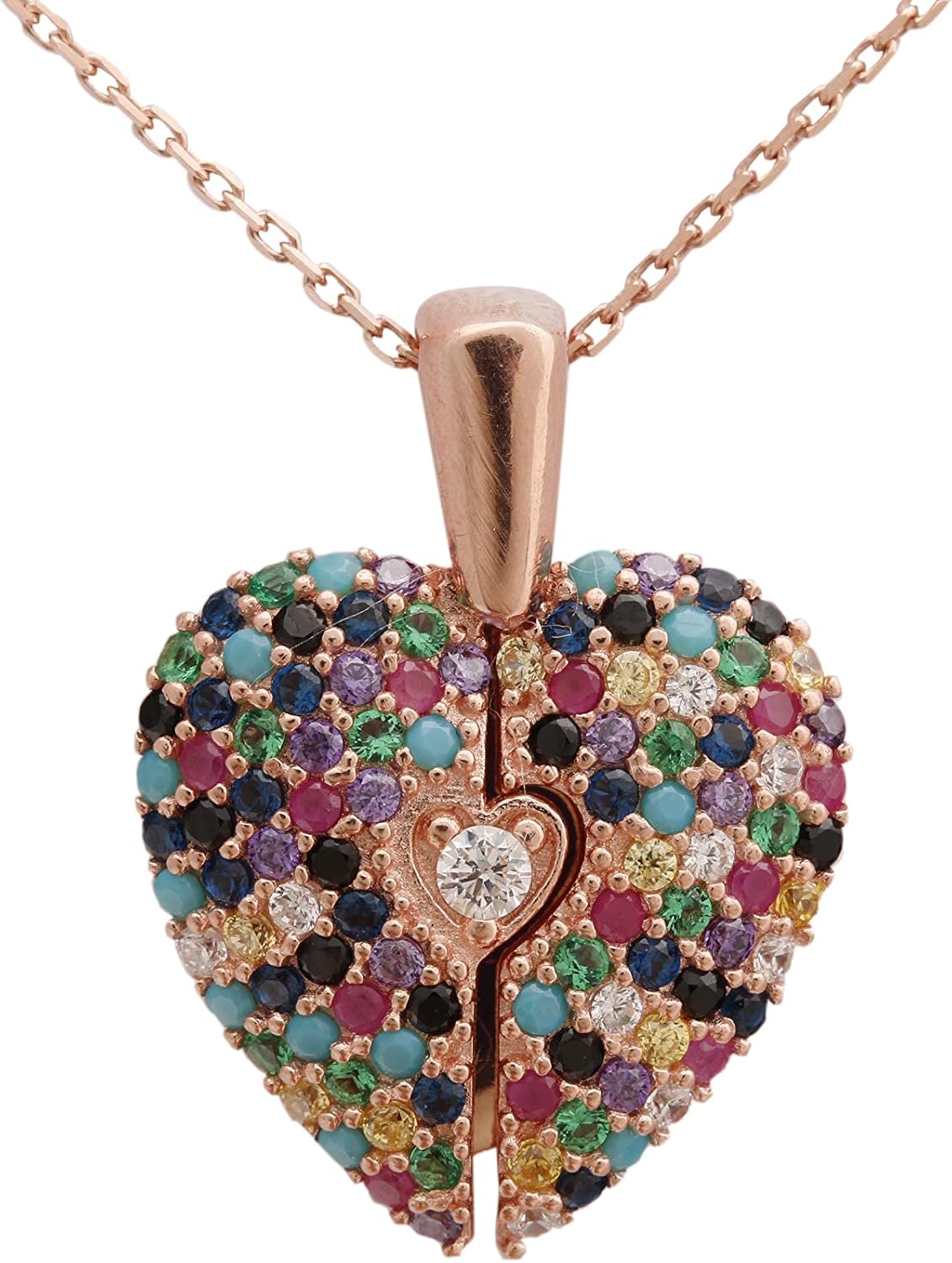 Turkish Handmade Jewelry Heart Special Design 925 Sterling Silver Inside is open Round Cut Sapphire Turquoise Pink Ruby Emerald Citrine White Topaz Rose Gold Chain Necklace