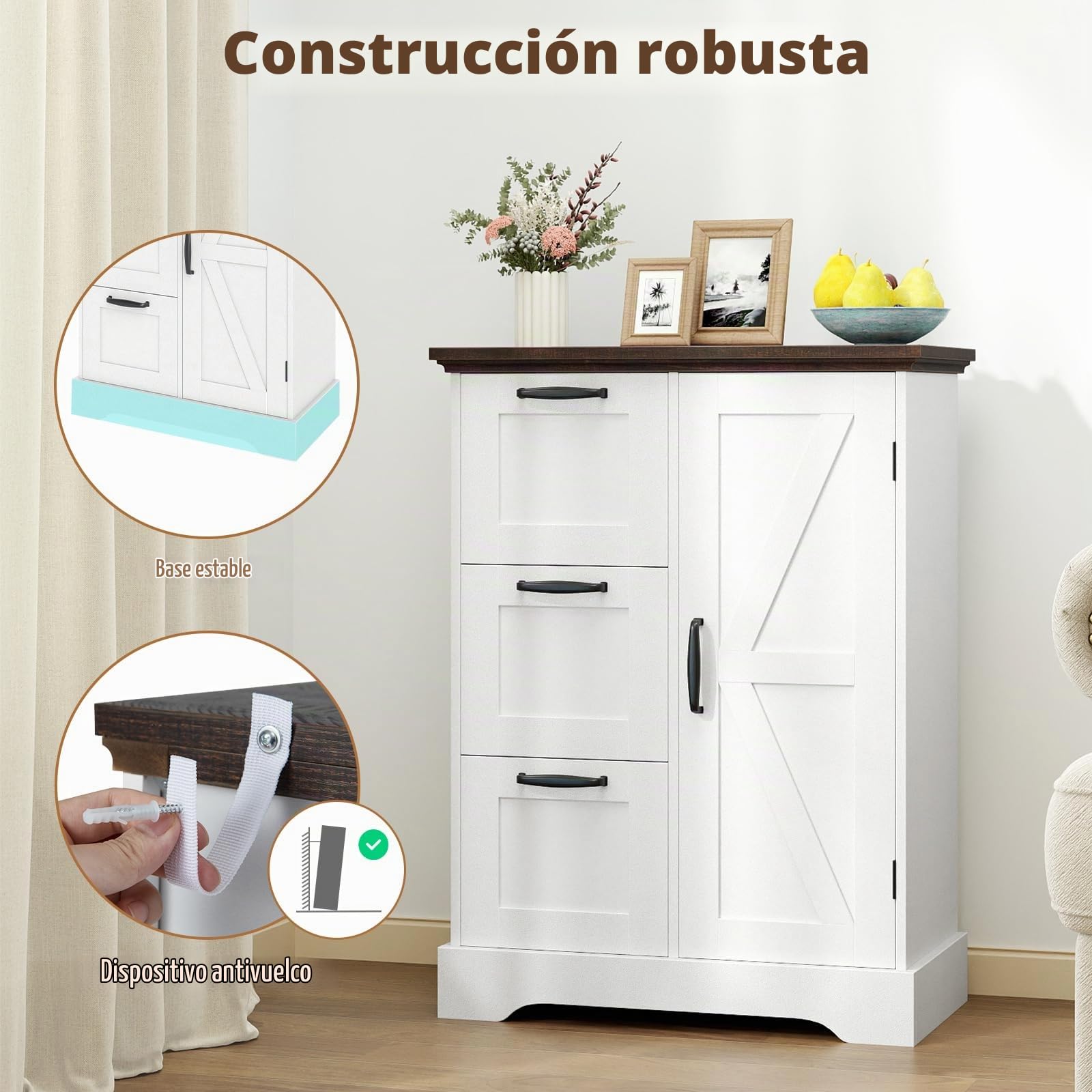 KOMFOTTEU Aparador de Cocina con 3 Cajones y Armario con Puertas, Armario Auxiliar con Kit Antivuelco y Cierre Magnético, Mueble Bajo de Almacenamiento para Salón, Comedor, 60 x 30 x 80 cm (Blanco)