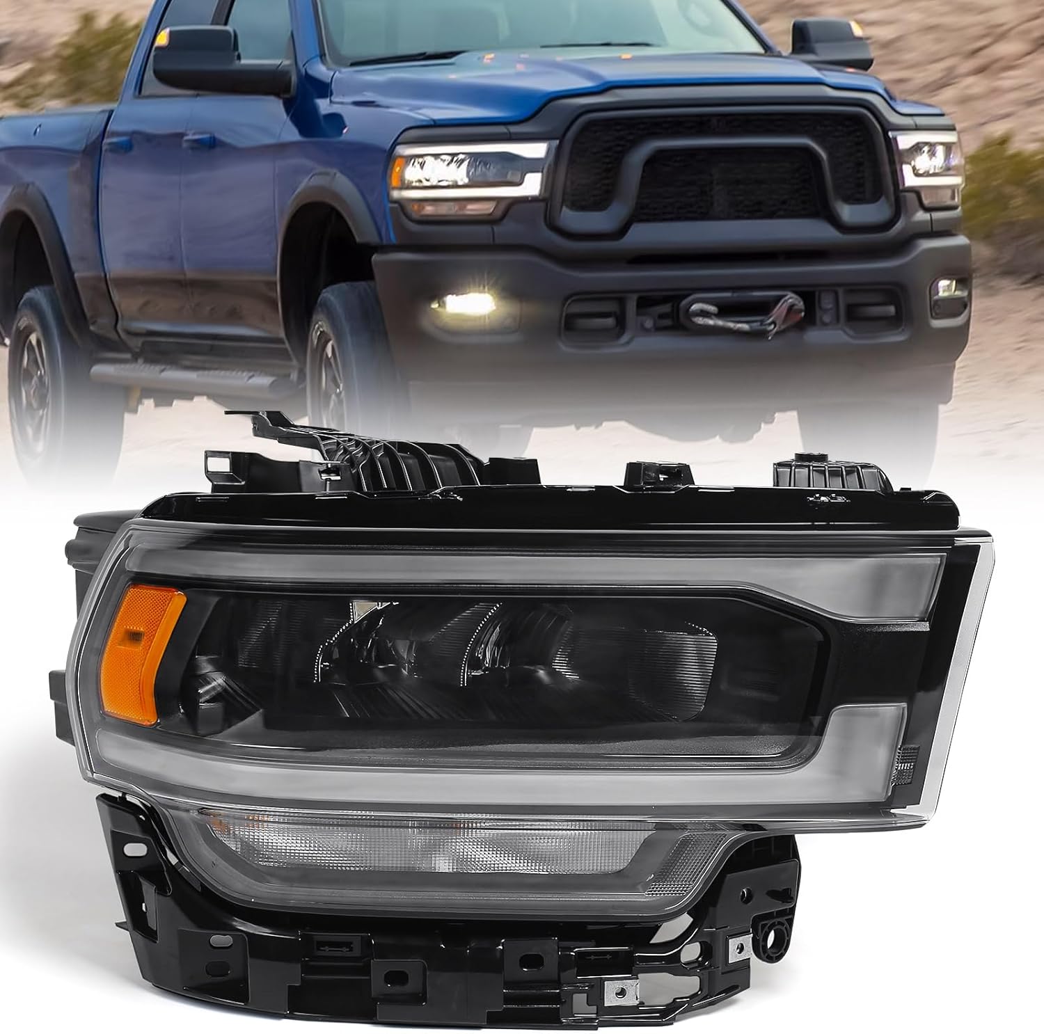 FIONE Headlight Compatible with Dodge Ram 2500 3500 2019-2024 W/LED Daytime Running Light DRL Head lamp Assembly Black headlamp W/Bulb Right Passenger Side 68360180AC