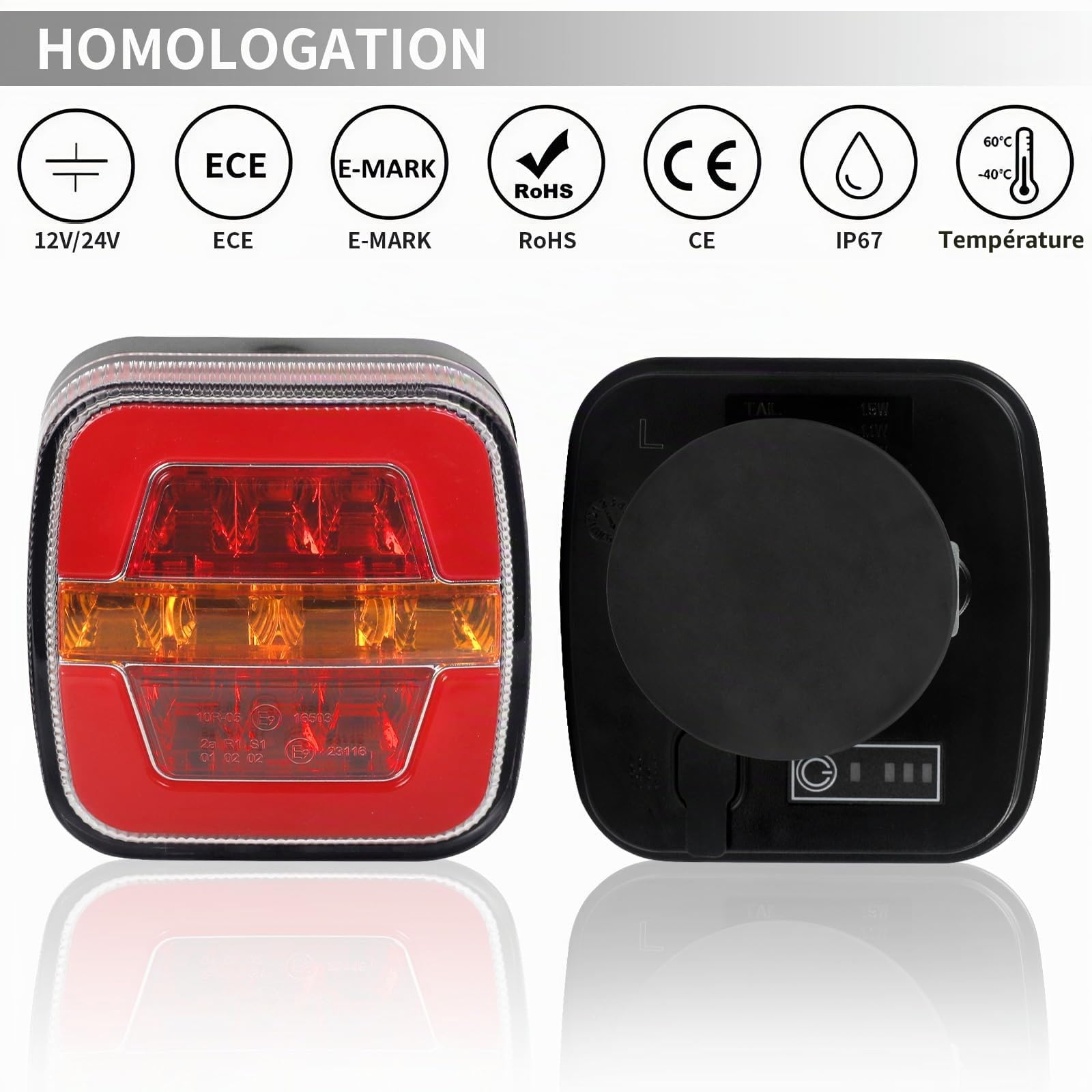 Kit de feux arrière à LED sans fil, aimant pour panneau d'éclairage de remorque 12/24 V - 5 fonctions, étanche, rechargeable avec aimant, certificat E-Mark