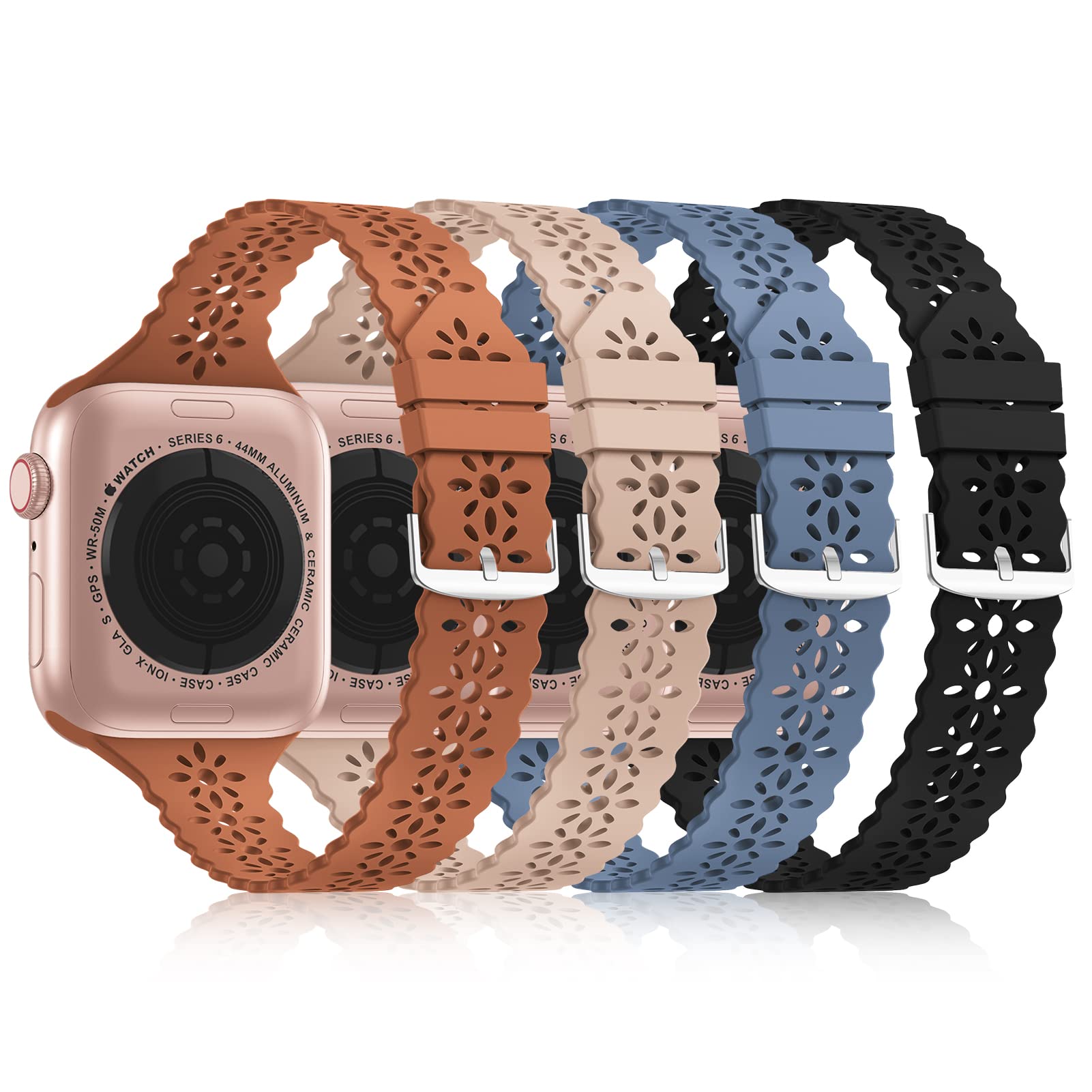Bandiction 4 Pack Lace Silicone Bands Compatible with Apple Watch Bands 38mm 40mm 41mm 42mm 44mm 45mm 46mm 49mm, Women Slim Thin Hollow-out Wristband