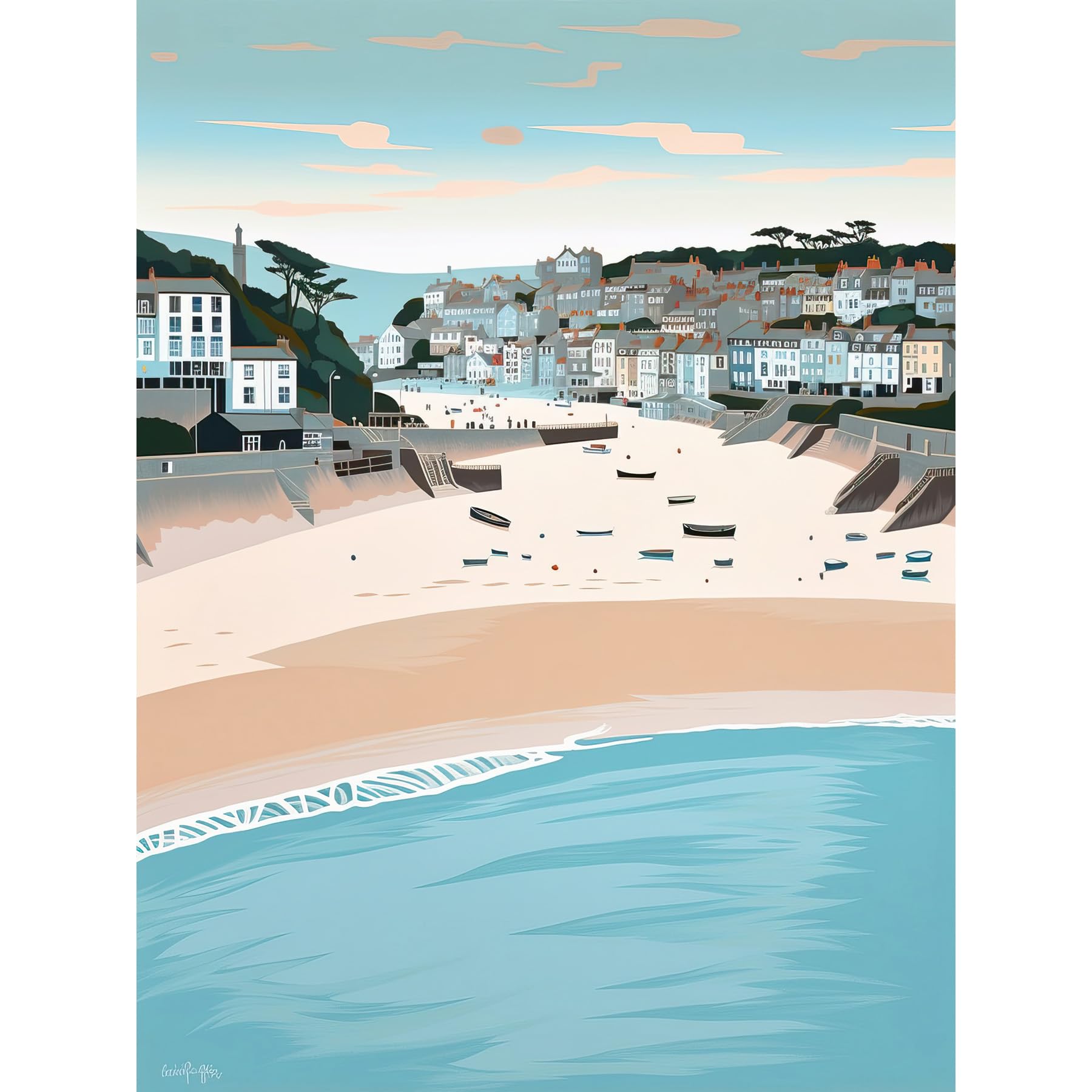 Artery8 St Ives Bay Summer Pastel Colour Coastal Cityscape Large Wall Art Poster Print Thick Paper 18X24 Inch