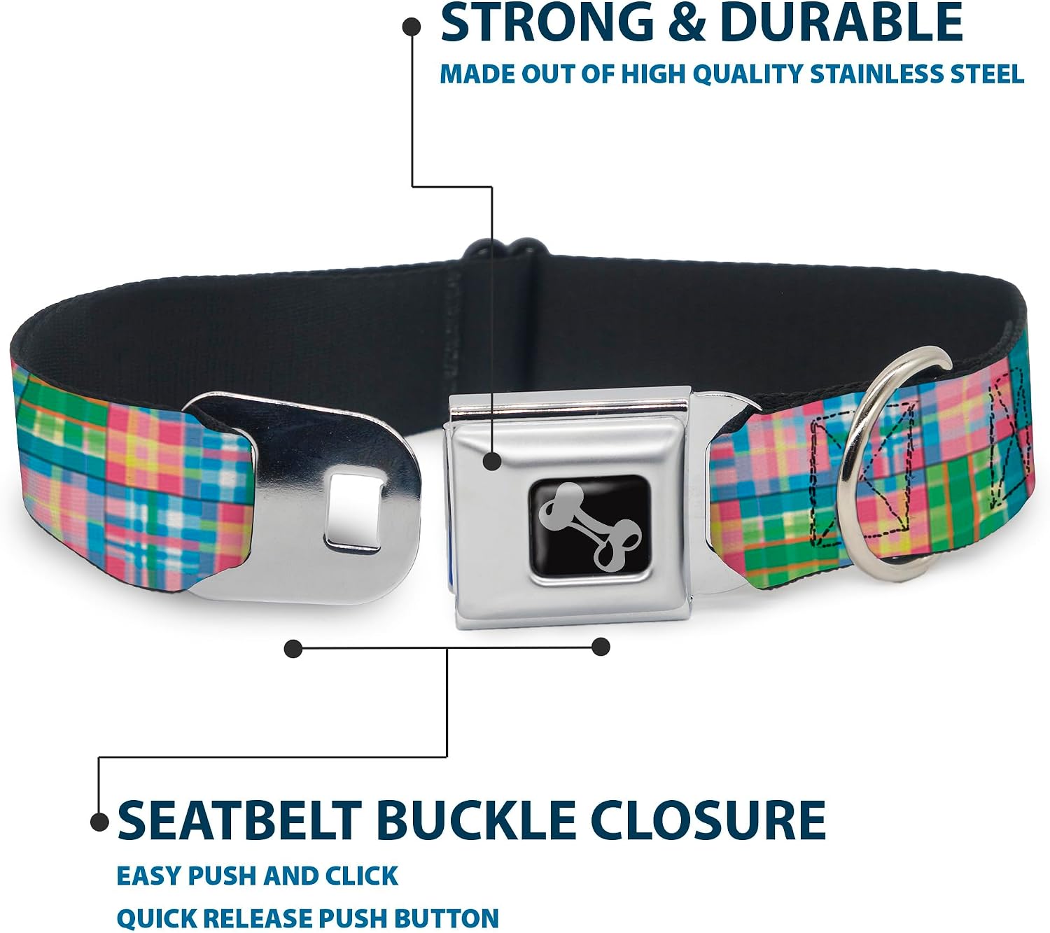 Buckle-Down Seatbelt Buckle Dog Collar - Madras Plaid Pink - 1.5" Wide - Fits 16-23" Neck - Medium
