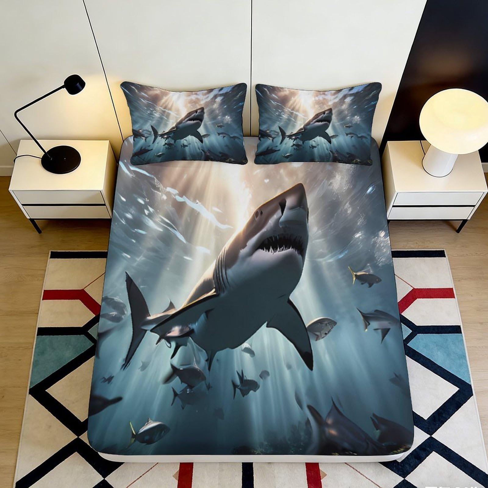 3D Printed Shark Ocean Fitted Sheet Microfiber Soft Durable 3D Printed Underwater Scene Mattress Cover for Bedroom Dormitory Guest Room Decor 160x200x25cm