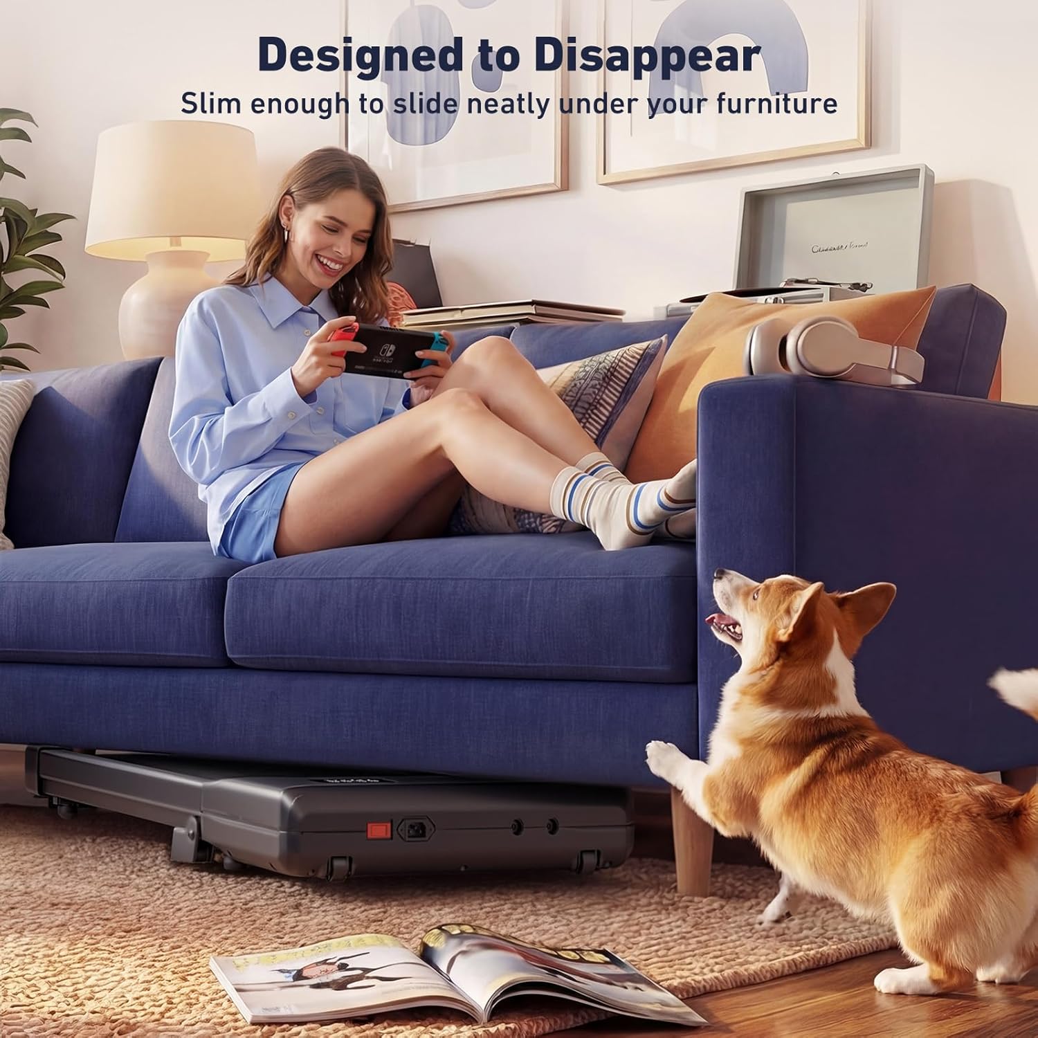DeerRun Under Desk Walking Pad Treadmill with 6% Manual Incline, 0.6-3.8 MPH Walking Speed, 2.5 HP, 300 lb Capacity, App & Remote Control, for Home Office & Small Spaces