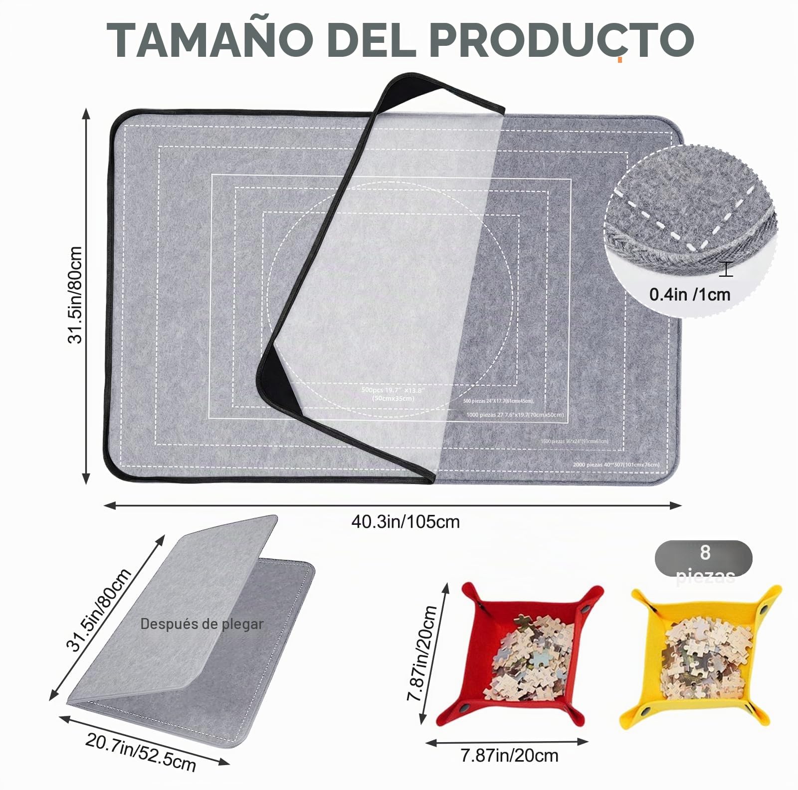 Mesa de rompecabezas de 2000 piezas con cubierta, tablero plegable para rompecabezas, accesorios de rompecabezas de 105 x 80 cm, tablero de rompecabezas de fieltro superligero con 8 compartimentos de