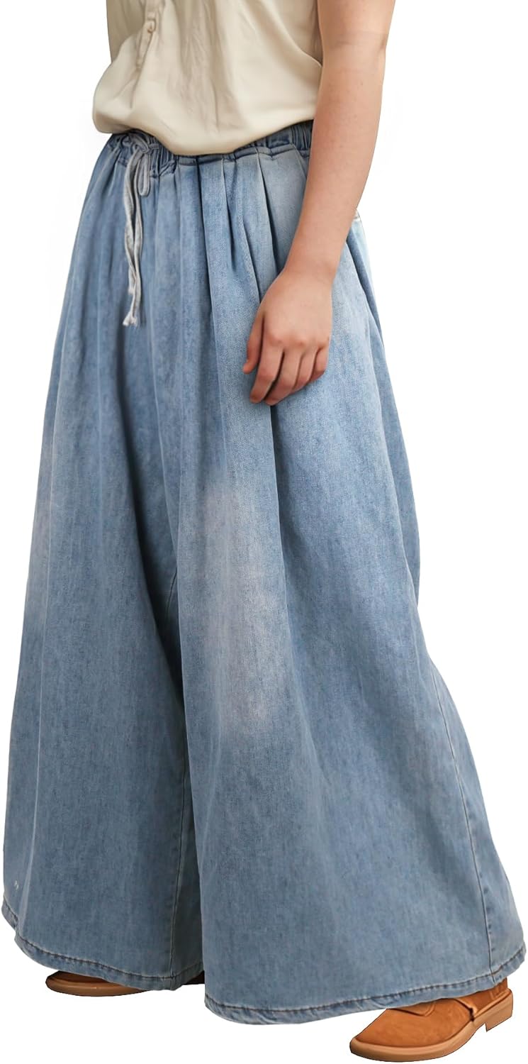 JEGERMIG Women's Wide Leg Baggy Jeans Plus Size Loose Elastic Waist Denim Pants with Deep Pockets Light Blue
