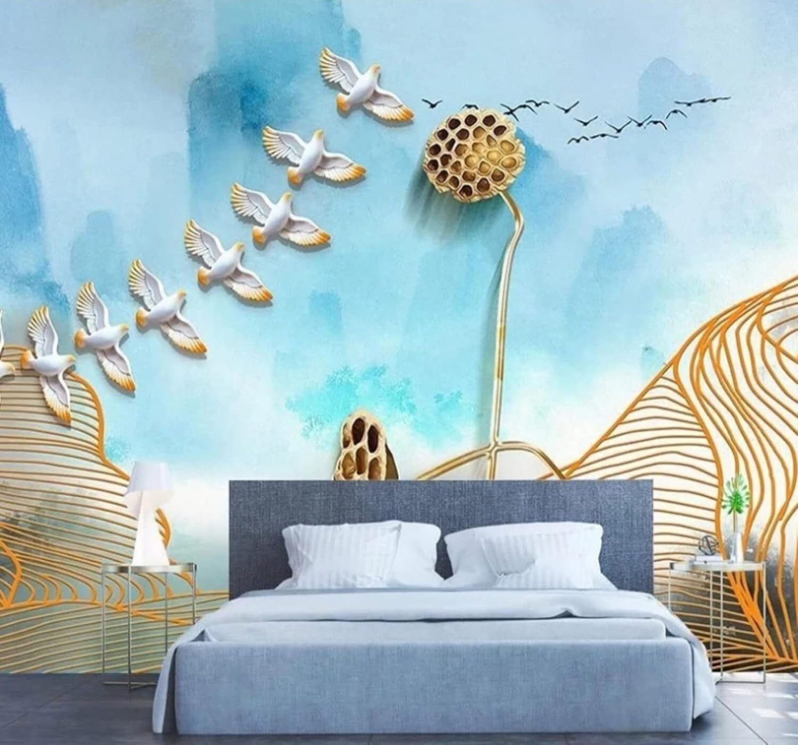 XLMING Abstract Watercolour Gold Thread Birds in Flight Lotus Root 3D Wallpaper Luxury Home Dining Decor Paste Sofa Living Room The Wall for Bedroom Mural-430cm×300cm