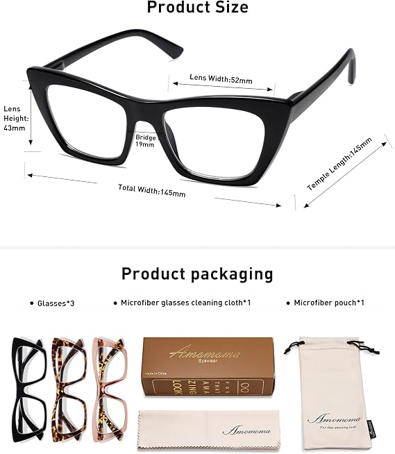 AMOMOMA Oversized Reading Glasses for Women,Trendy Cat eye Blue Light Computer Reader AM6028