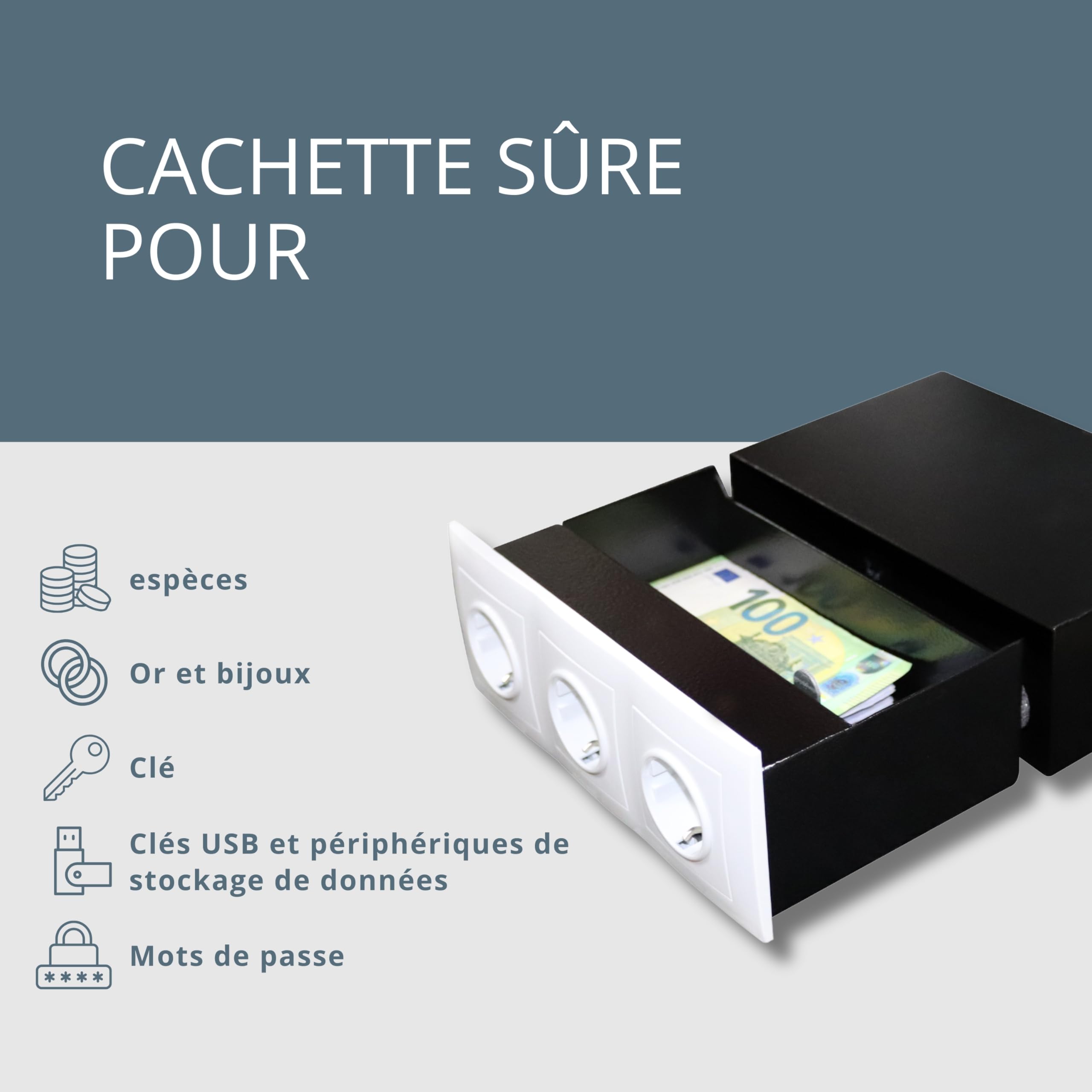 Coffre multiprise | Ouverture magnétique et serrure spéciale | Coffre mural pour rangement invisible | Compartiment secret pour l'argent, les