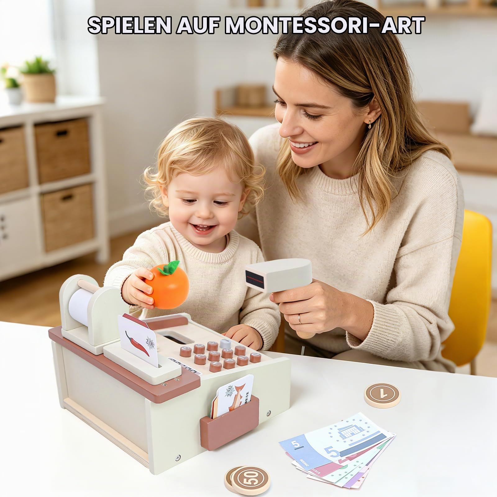 Spielkasse Kinder Holz Registrierkasse mit Spielgeld, Montessori Holz Spielzeug Kasse Kaufladen Zubehör, Rollenspiel Holzspielzeug Festliche Geschenke für 3, 4, 5 Jahre Alt
