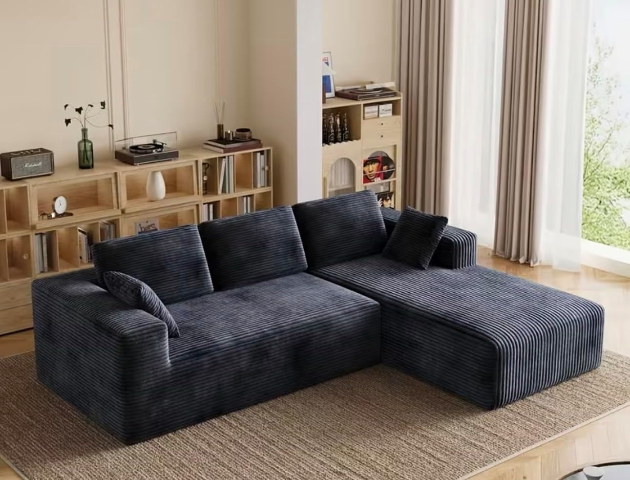 Extra Large L-Shaped Sectional Sofa Modular Plush Cloud Couch with Right Chaise - No-Tools Assembly Foam Frame, Soft Corduroy Upholstery (Grey Left Side)
