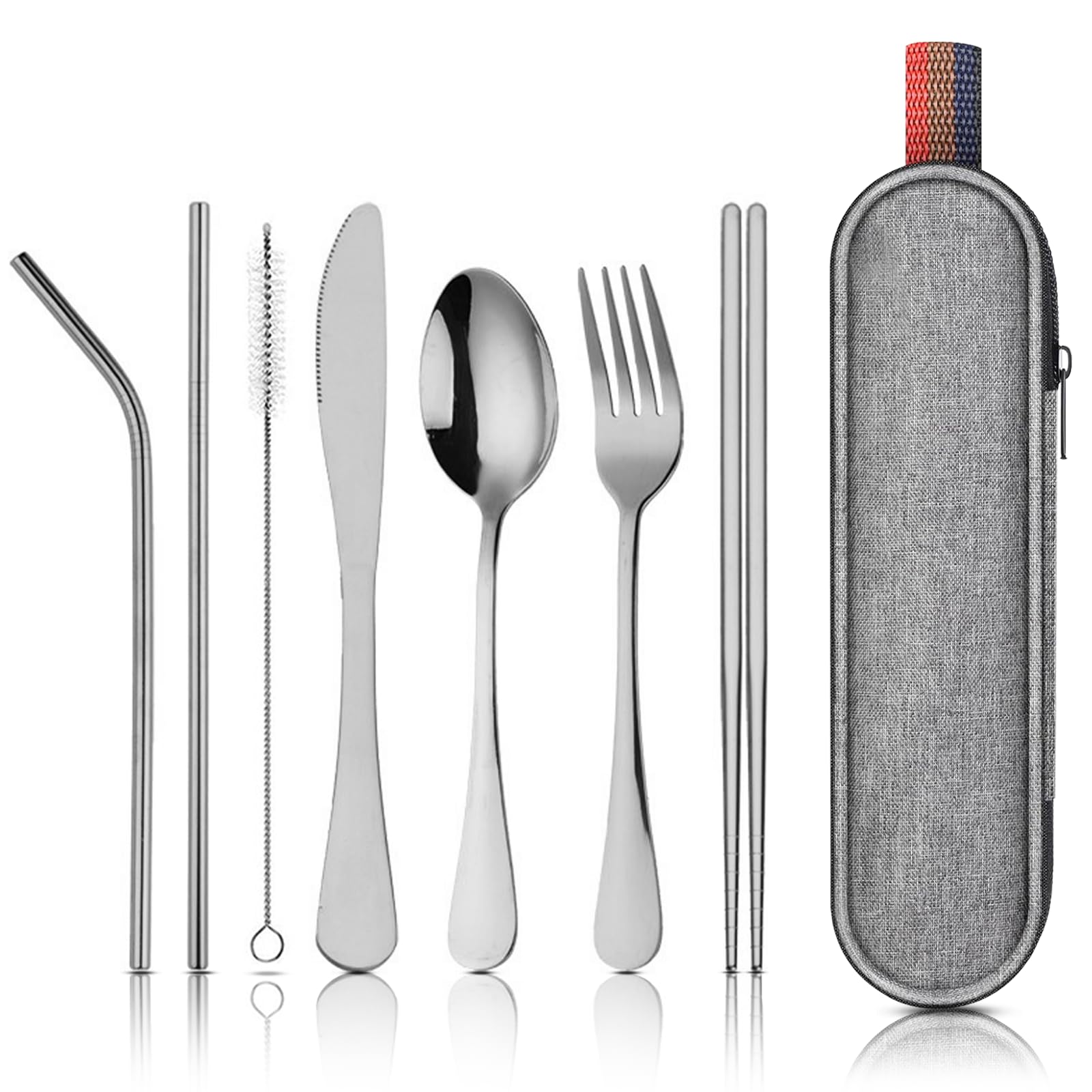Set Posate Da Viaggio 8 Pezzi In Acciaio Inox Con Custodia - Coltello, Forchetta, Cucchiaio, Bacchette E Cannucce