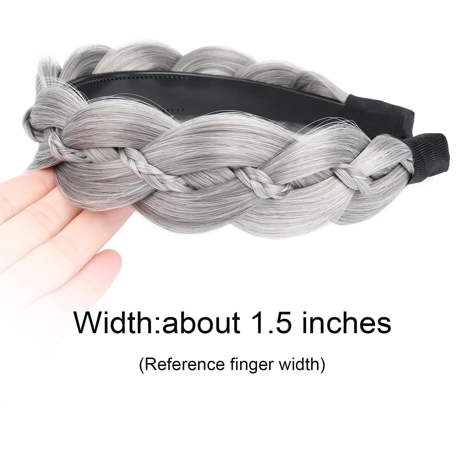 GLEDOLA Wide Braided Headband with Teeth Synthetic Hair Plaited Headband High Elasticity Braids Hair Band Hairpiece for Girls Women (Smoky Gray - Image 2