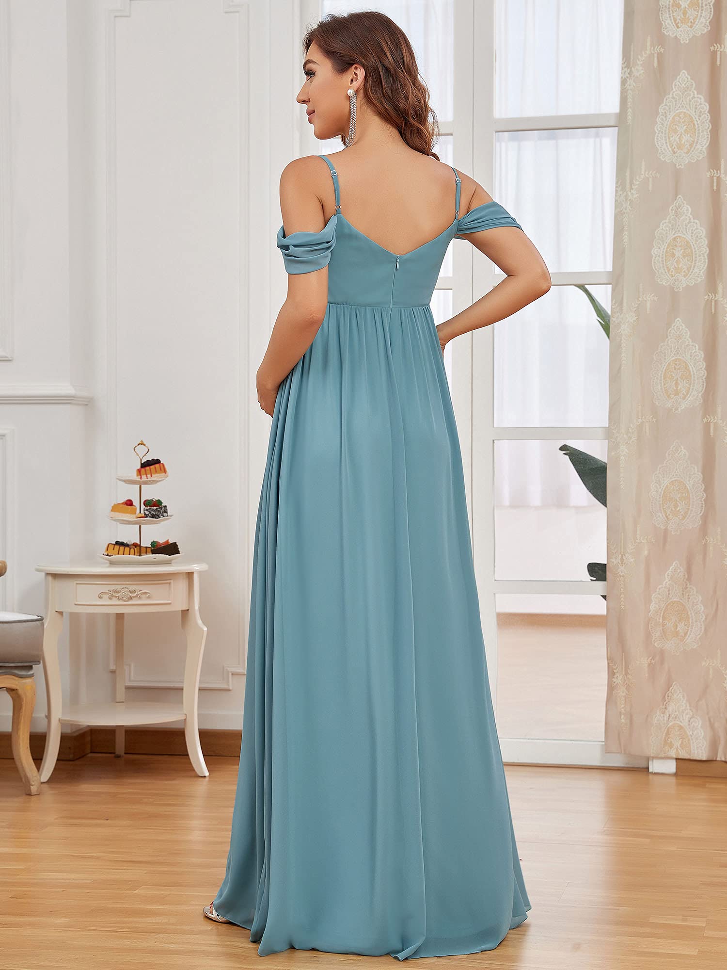 Ever-Pretty Abito da Cerimonia Premaman Tracolla Regolabile Scollo a V Linea ad A Chiffon Lunghezza del Piano da Donna EY20809