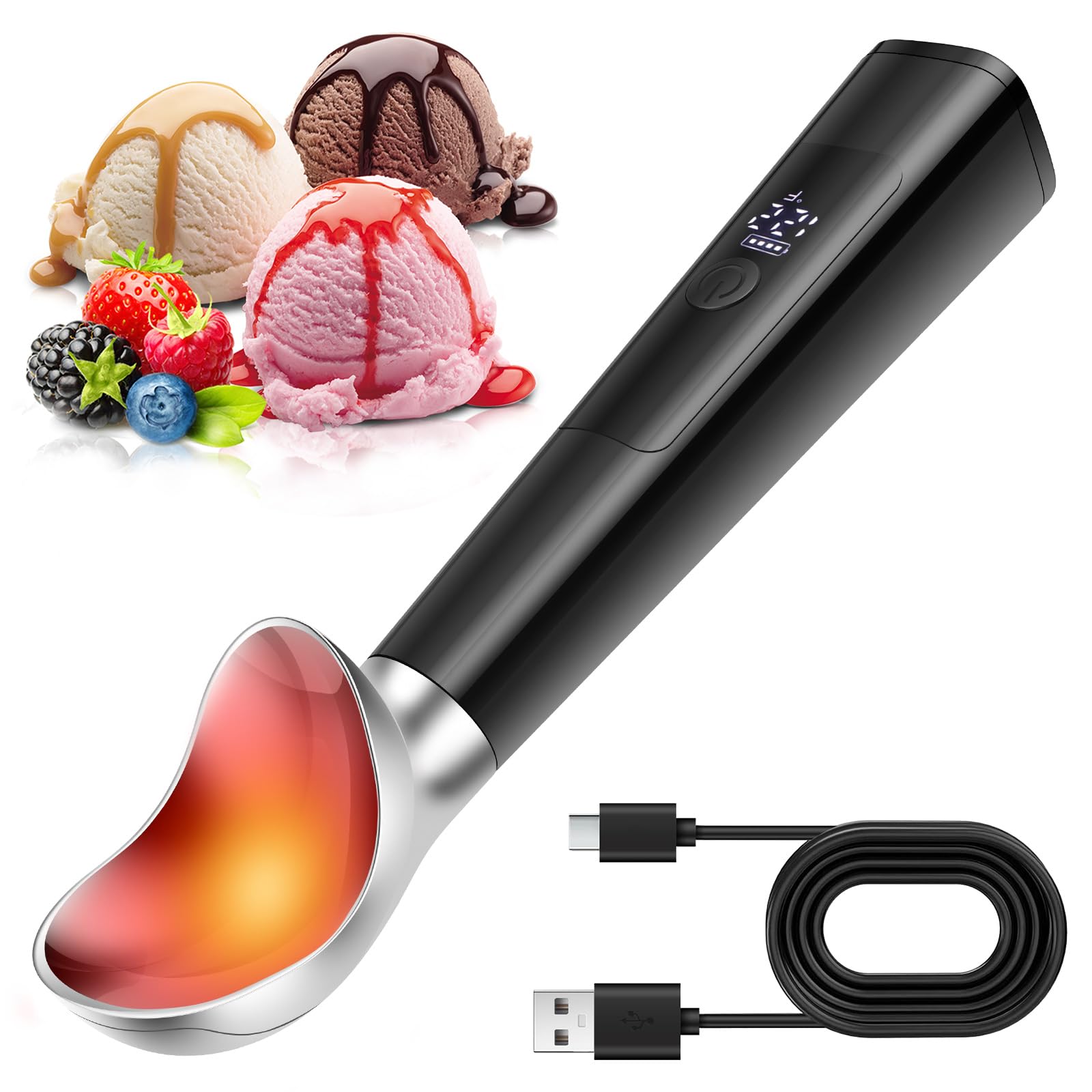 Kuanght Heated Ice Cream Scoop, Rechargeable Warming Ice Cream Scooper with 3 Level Temperature Control and LED Display, Adjustable Heats to 70°C Electric Warming Scoop for Hard Gelato