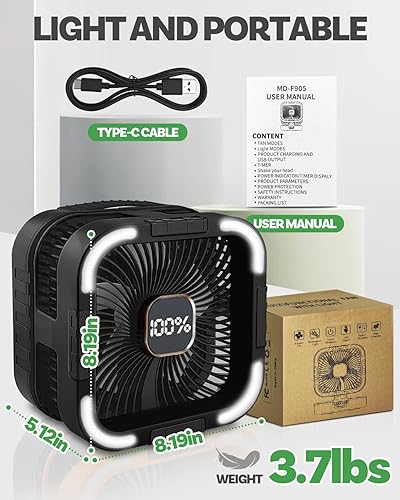 Miniatura 7 de Ventilador solar de campamento de 25000 mAh, ventilador solar recargable de oscilación de 120 con luz LED, 6 velocidades ajustables, ventiladores