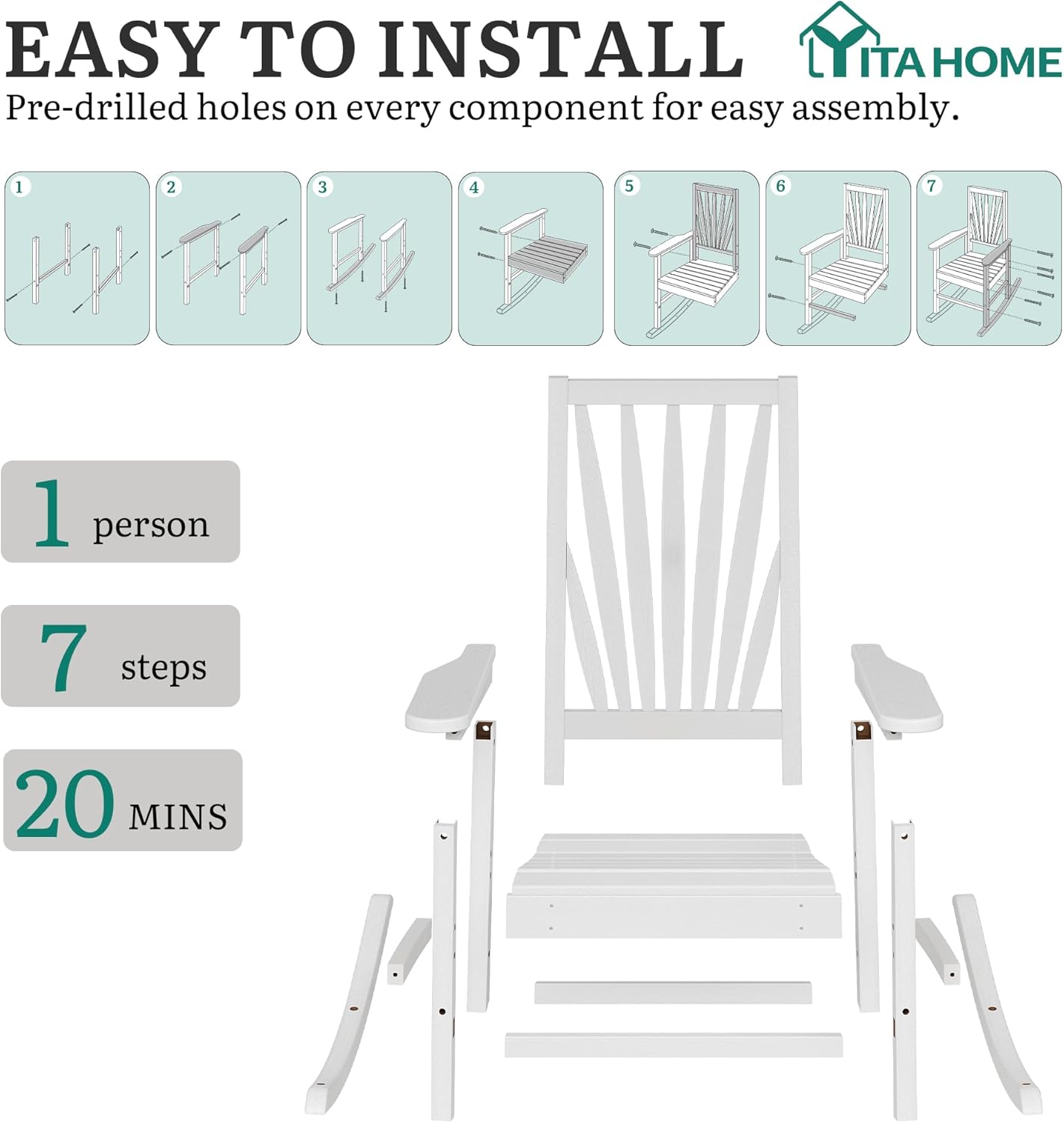 YITAHOME Outdoor Rocking Chair (Set of 2), HDPE Patio Chair with Windsor Backrest & Wide Armrests, Outdoor Chair Rocker for Porch, Balcony, Garden Seating, White