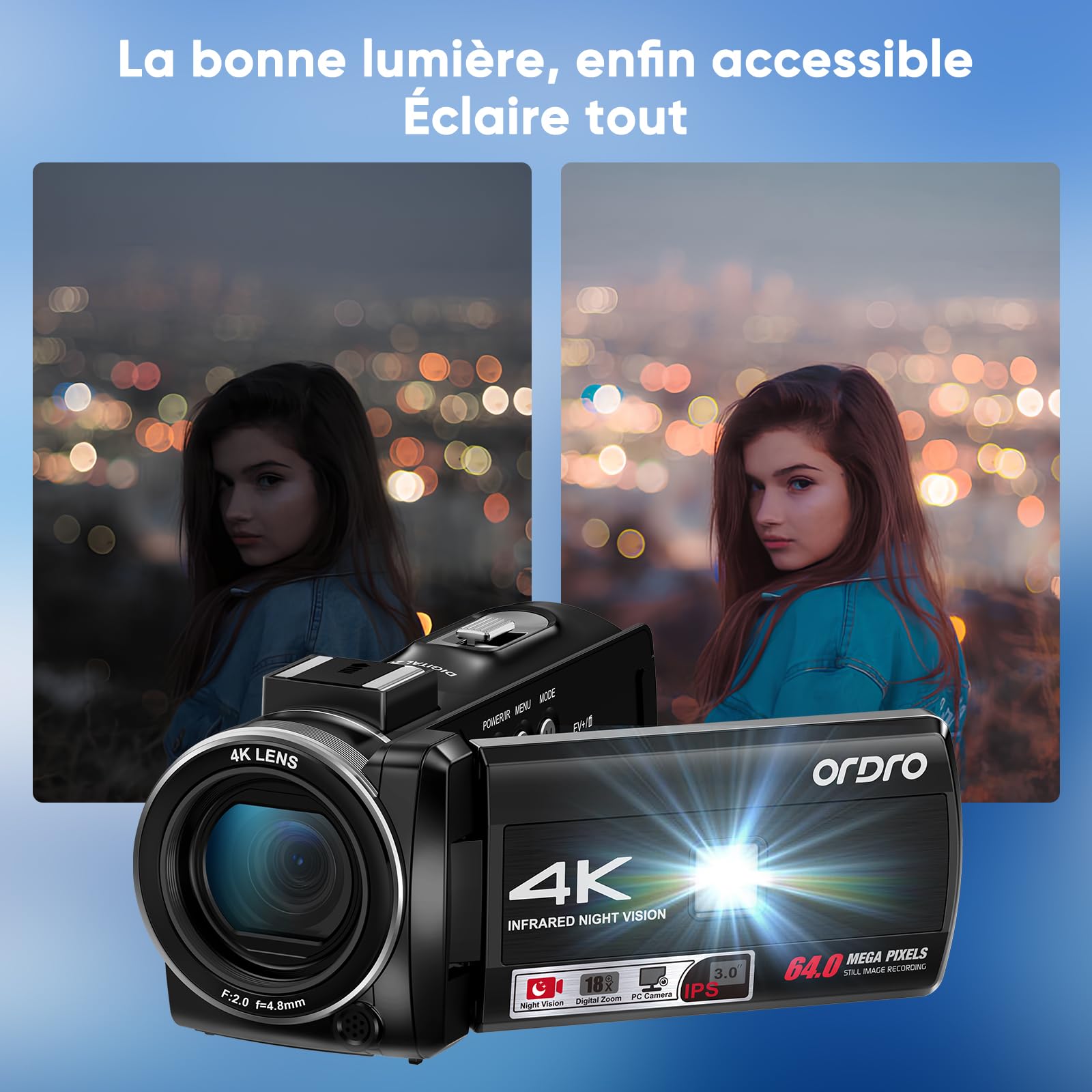 ORDRO Caméscope Z36 4K, caméra de vlogging 64 MP avec zoom numérique 18x, lumière de remplissage LED, écran de 3,0", vision nocturne infrarouge