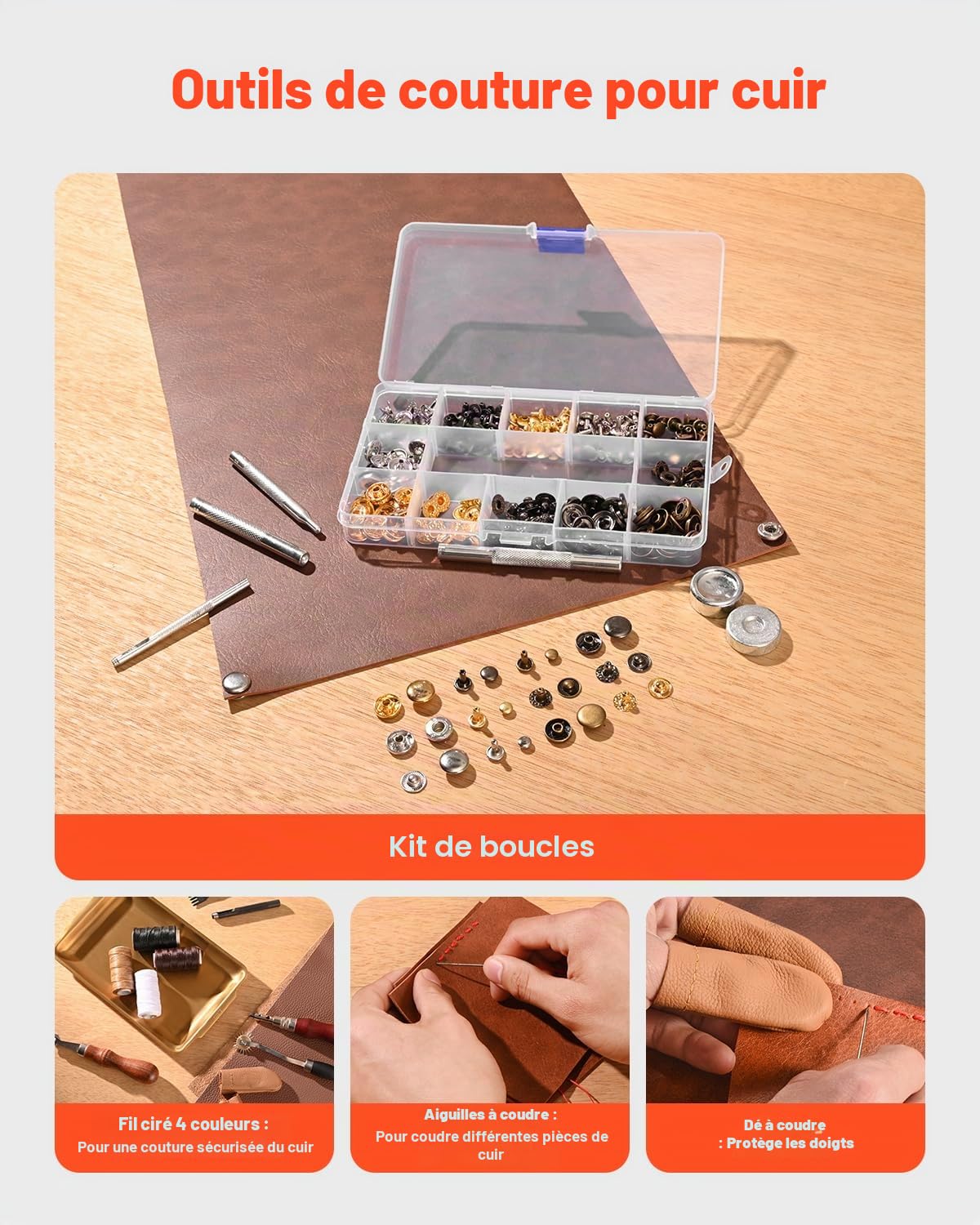 VEVOR Kit de travail du cuir, 61 pièces, outils d'artisanat du cuir avec sac de rangement en toile, pour gravure, poinçonnage, couture, estampage, découpe, pour débutants, bricoleurs et professionnels